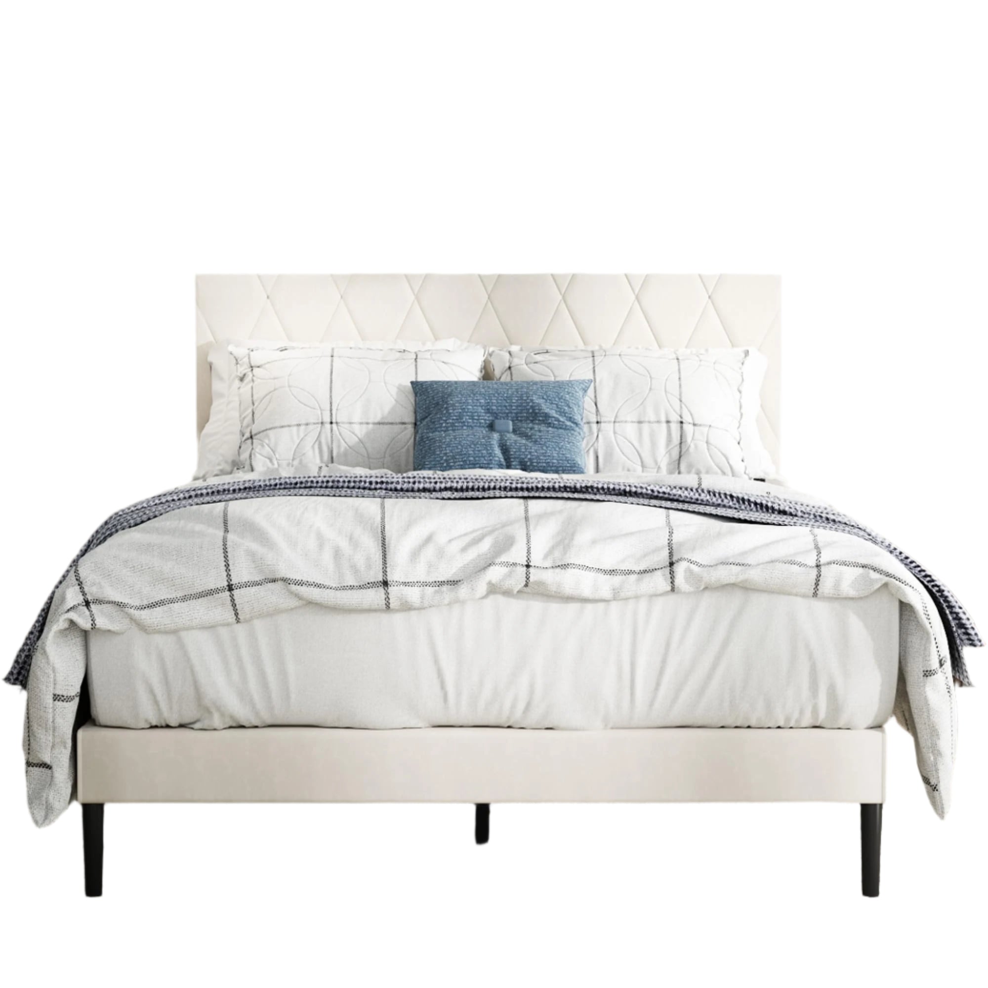 Queen Size Bed Frame with Velvet Upholstered Headboard, Platform