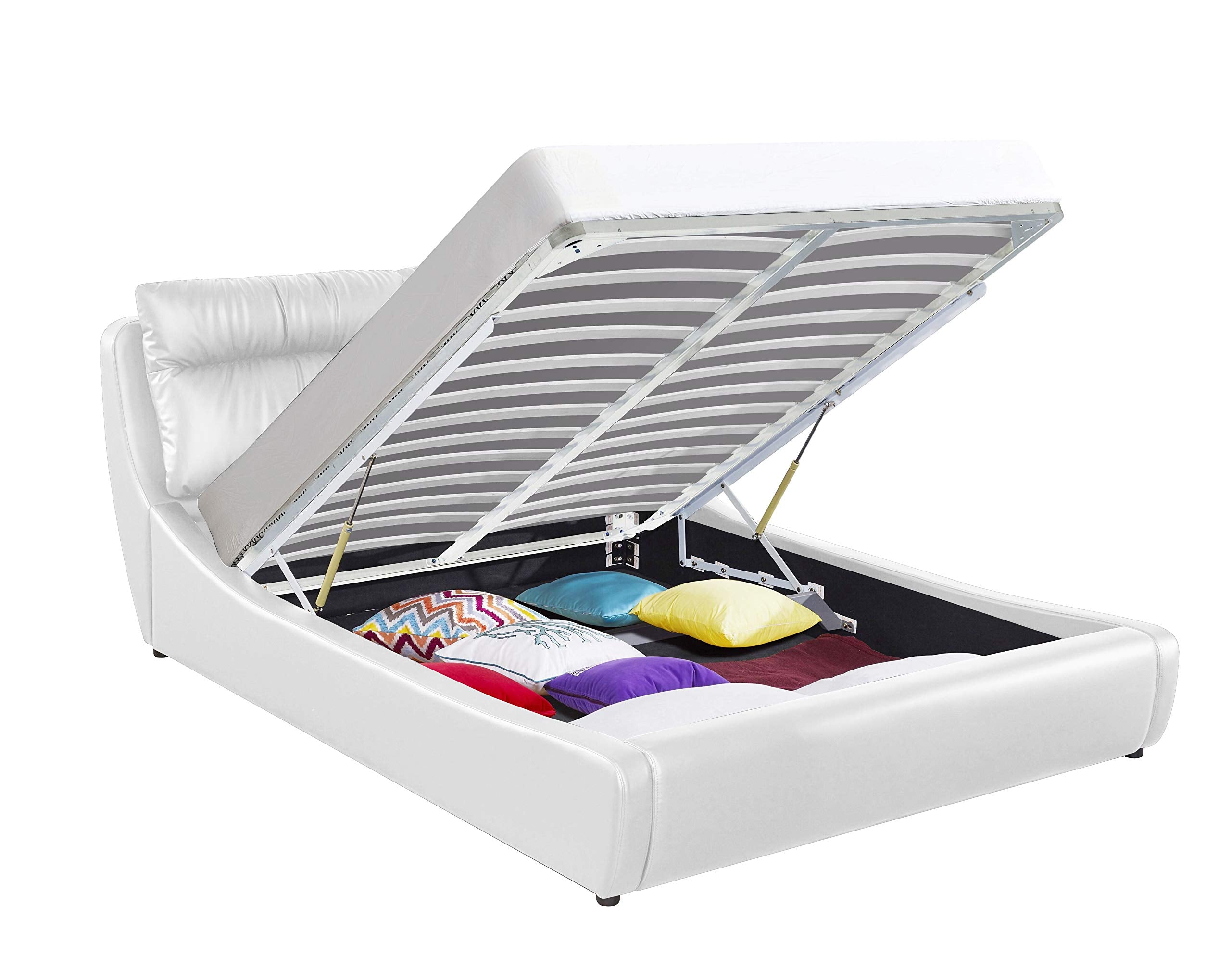 Contemporary Storage Bed, Eastern King Size Upholstered Bed, Color White Platform Bed