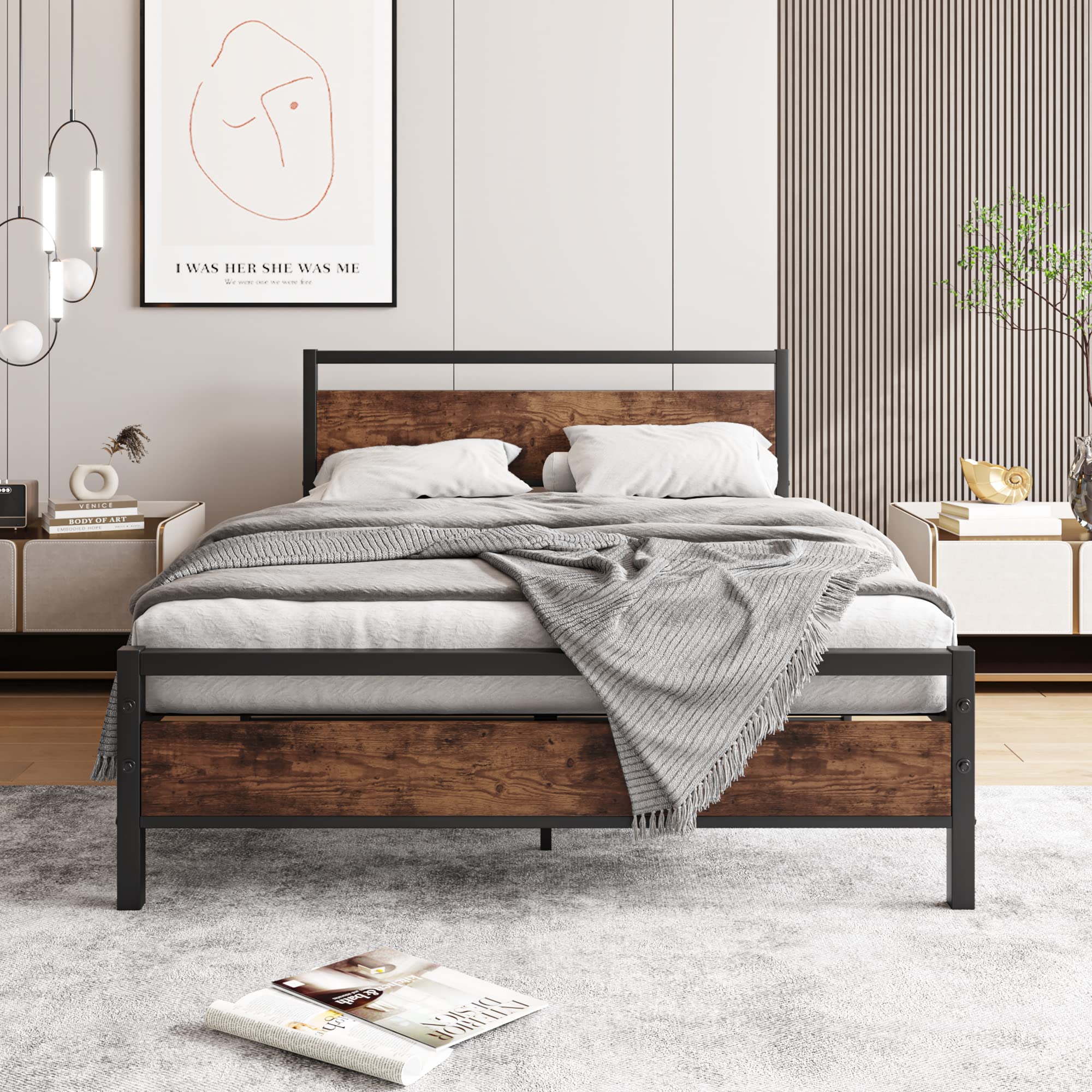 Full Size Bed Frame with Headboard, Heavy Duty Platform Bed Frame