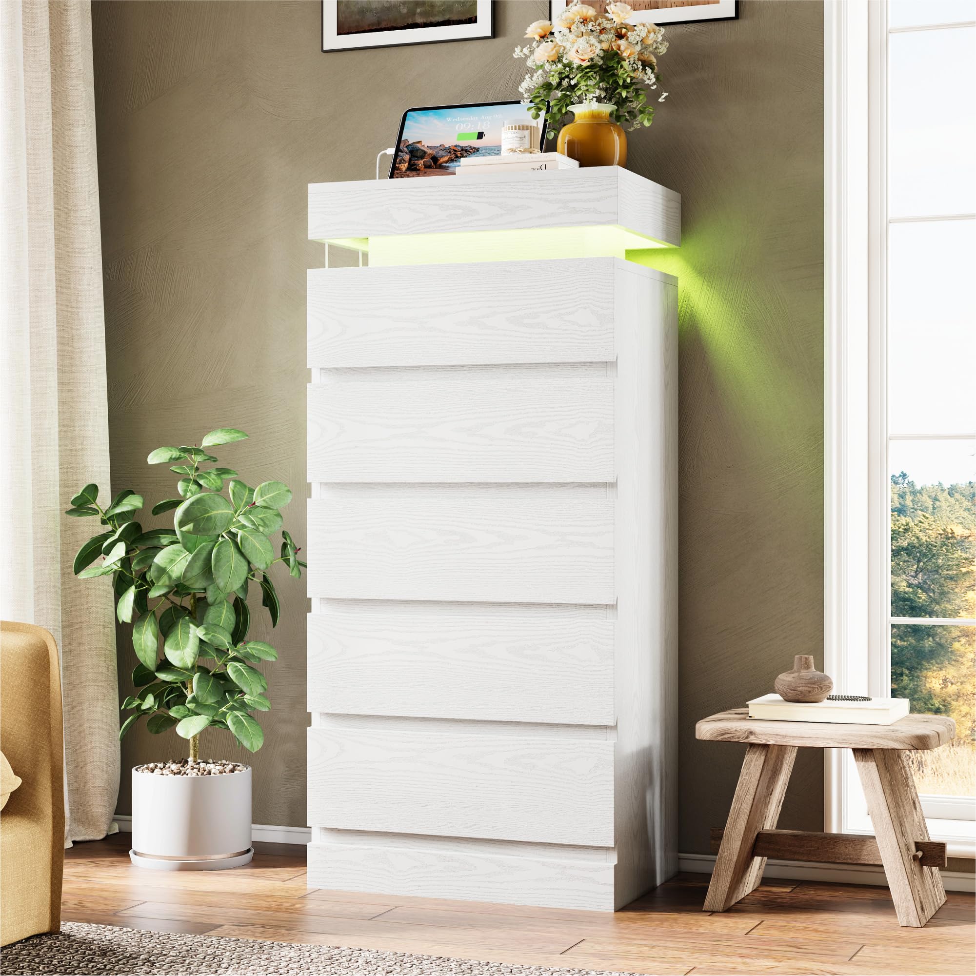 54" Tall 5 Drawer Dresser for Bedroom, White Dresser with LED Light and Power Outlet