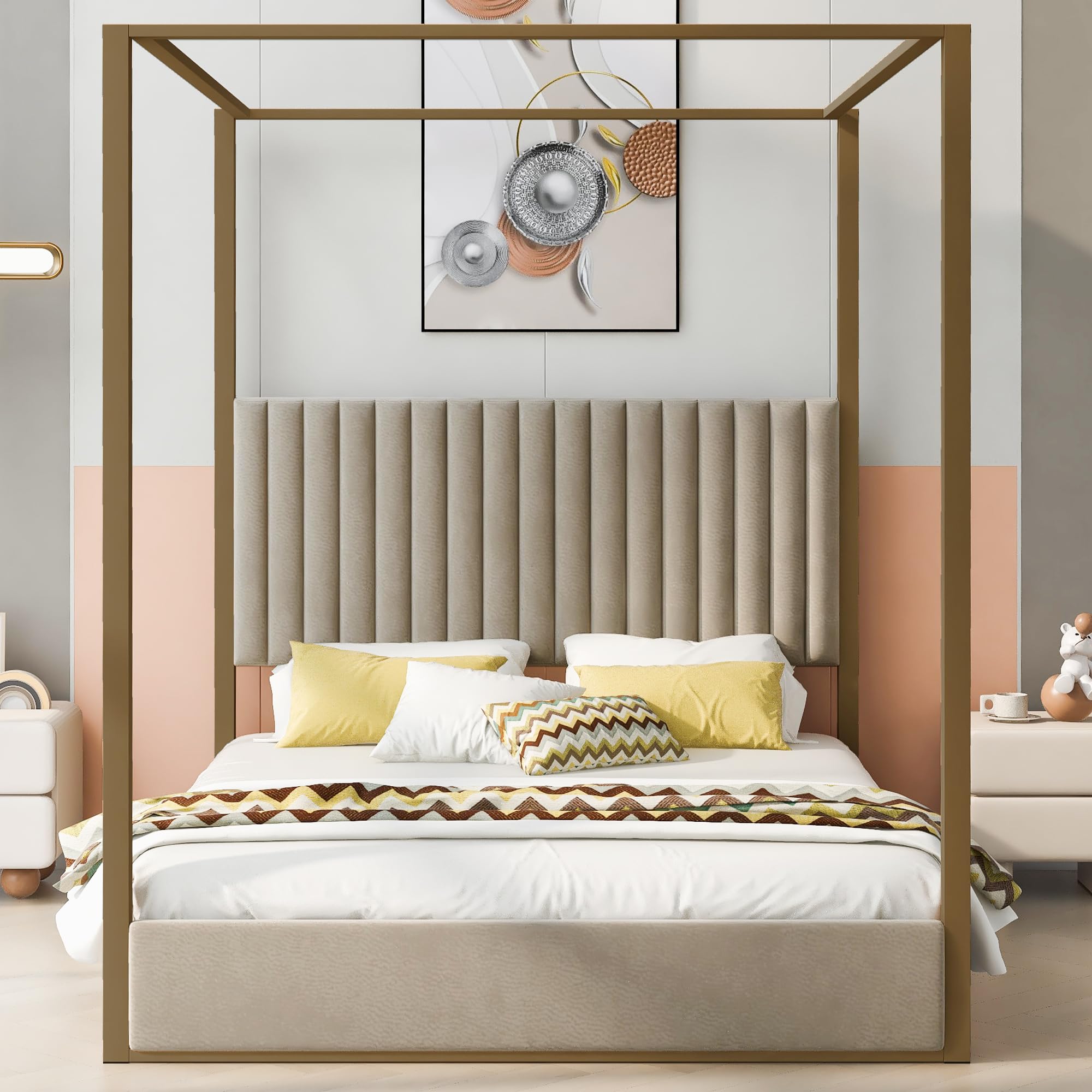 Queen Size Canopy Bed with Headboard and Slat Support, Linen Upholstery Queen