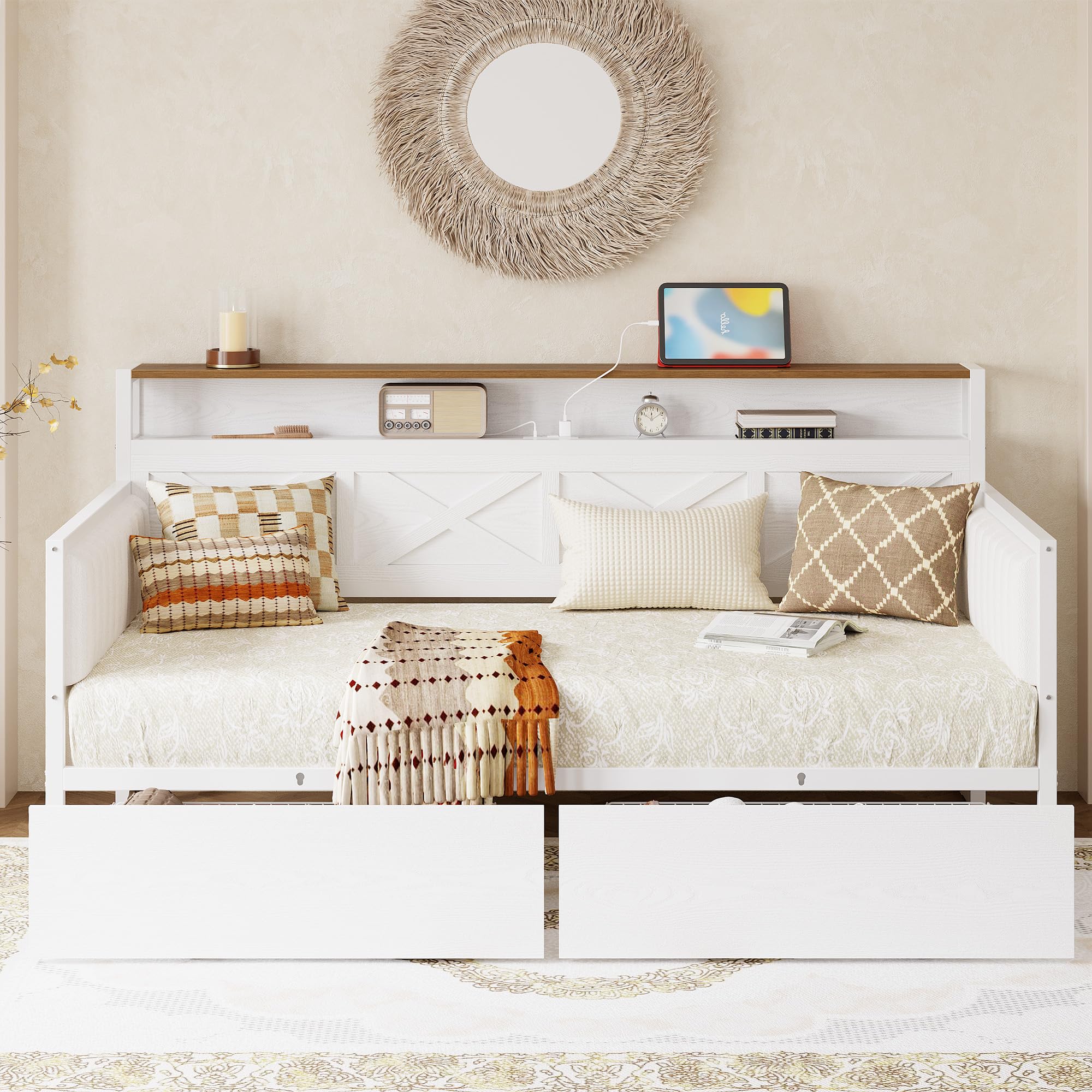 Twin Size Daybed with Storage Drawers, Sturdy Metal Bed Frame with X-Shaped