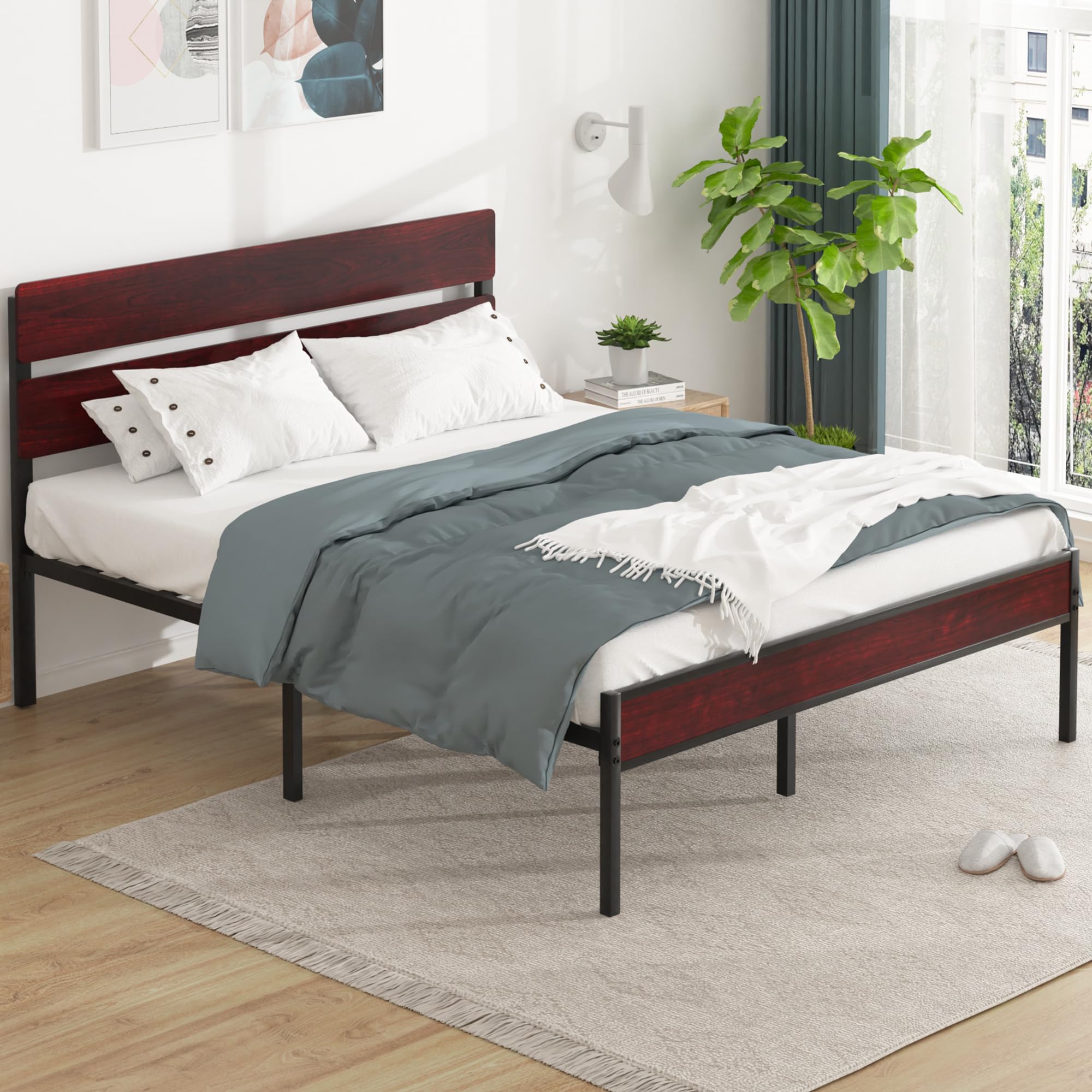 Metal Platform Queen Bed Frame with Wooden Headboard
