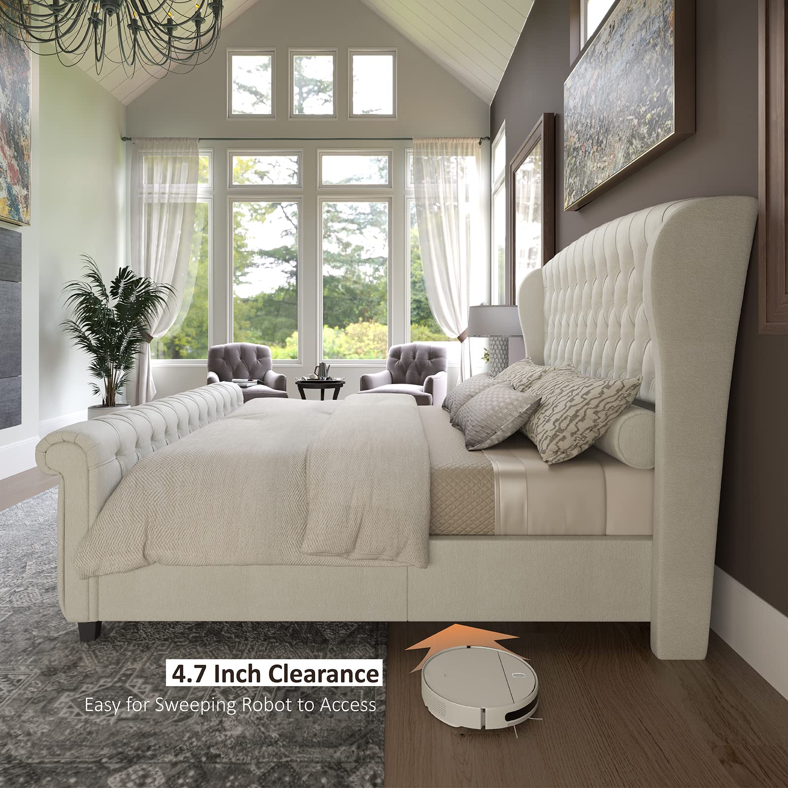 Queen Size Platform Bed Frame, Chenille Upholstered Sleigh Bed