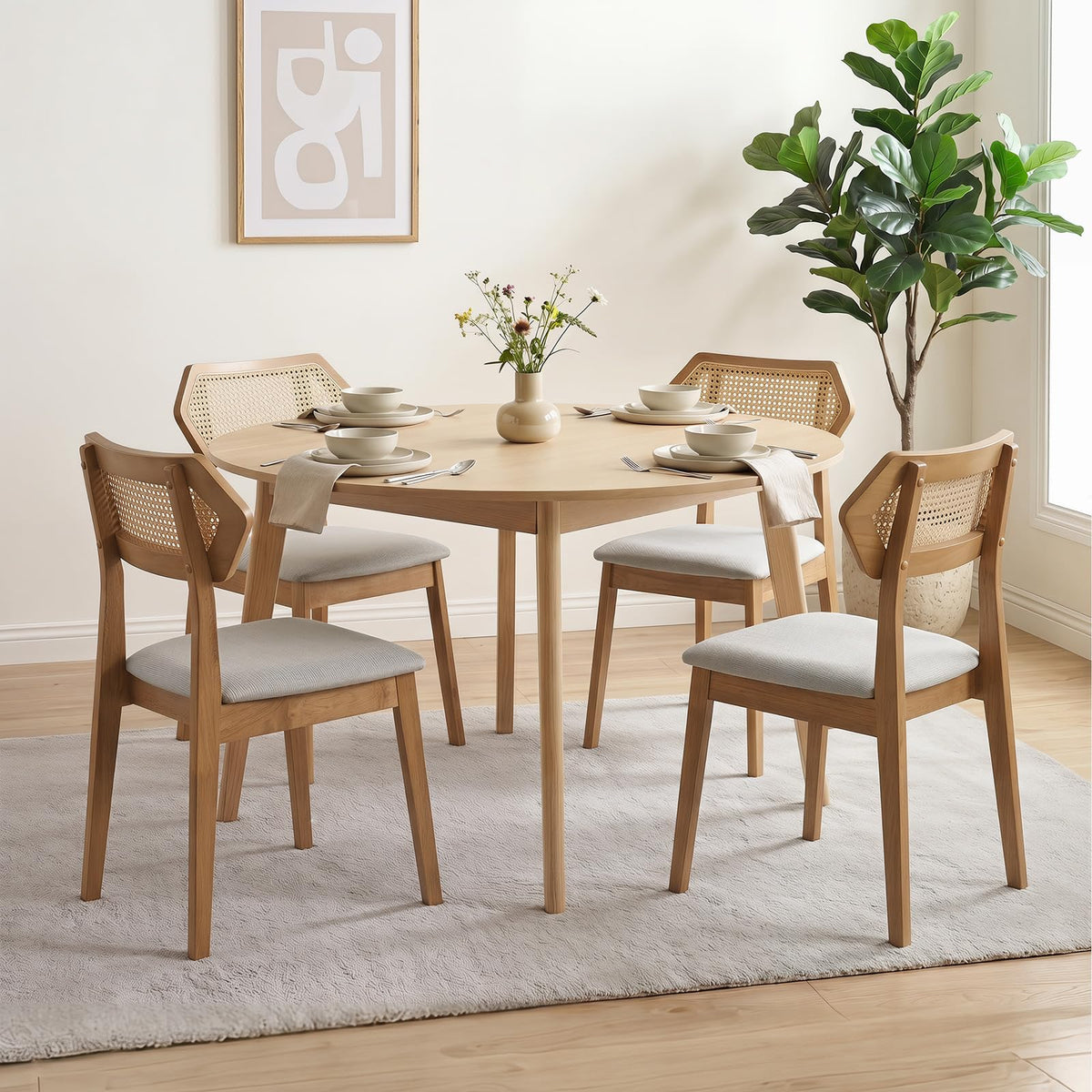 Rattan Upholstered Dining Chairs Set of 2 with Rubber Wood Frame