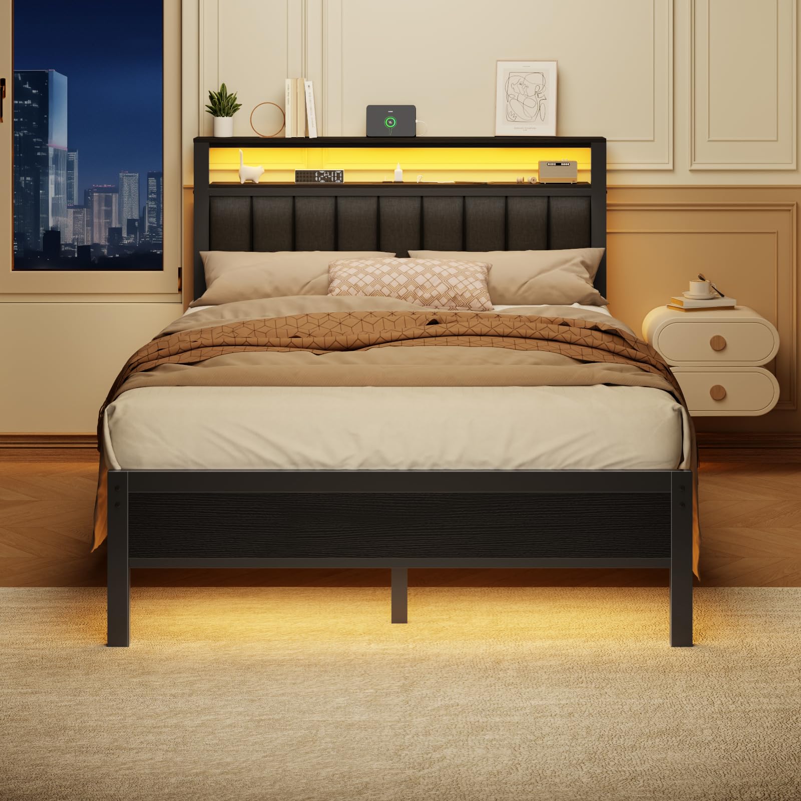 Full Size Bed Frame with Charging Station and LED Lights, Platform Bed with Metal Slats