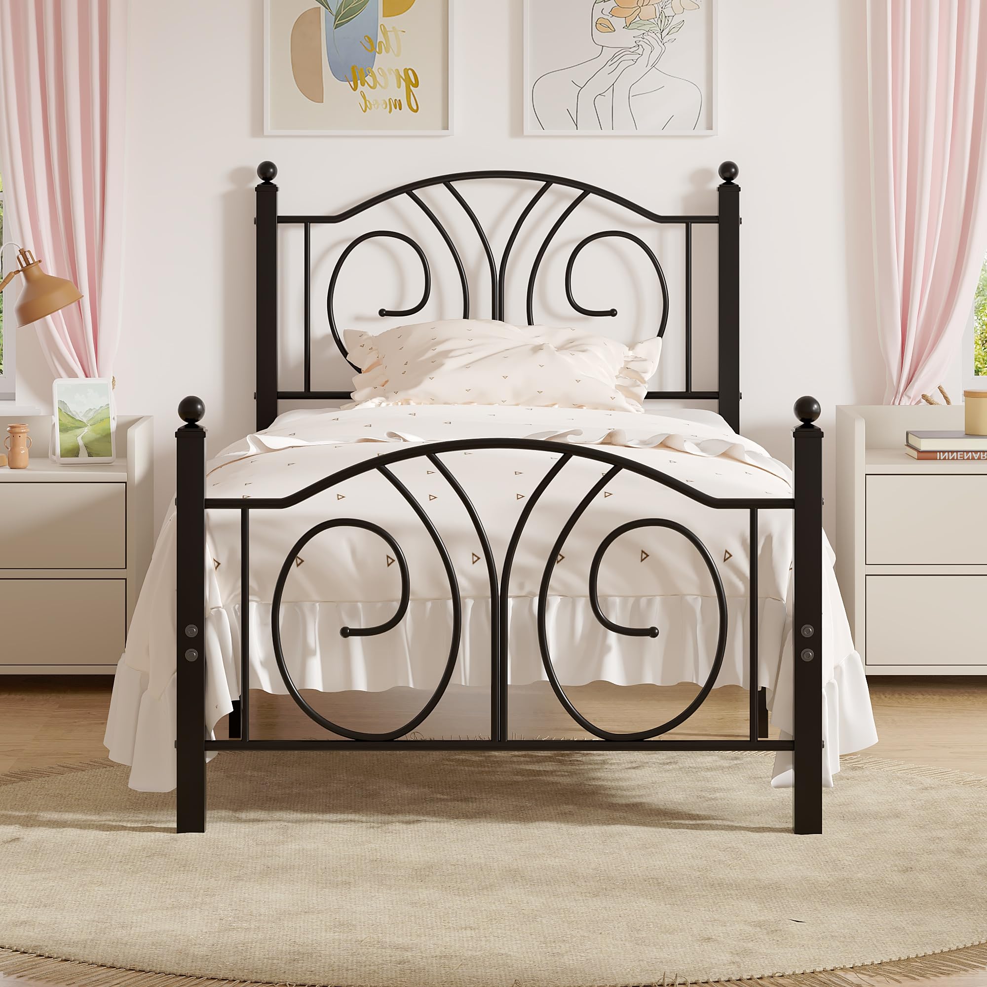 Twin Size Metal Platform Bed Frame with headboard and Footboard