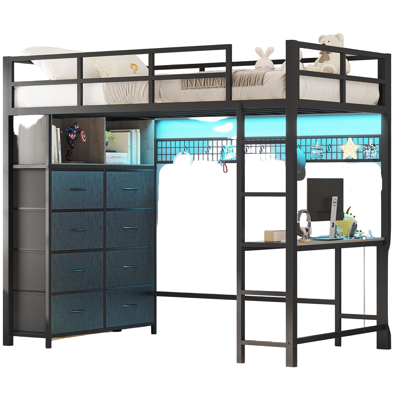 Twin Size Loft Bed with Desk and 8 Storage Drawers, Metal Loft Bed