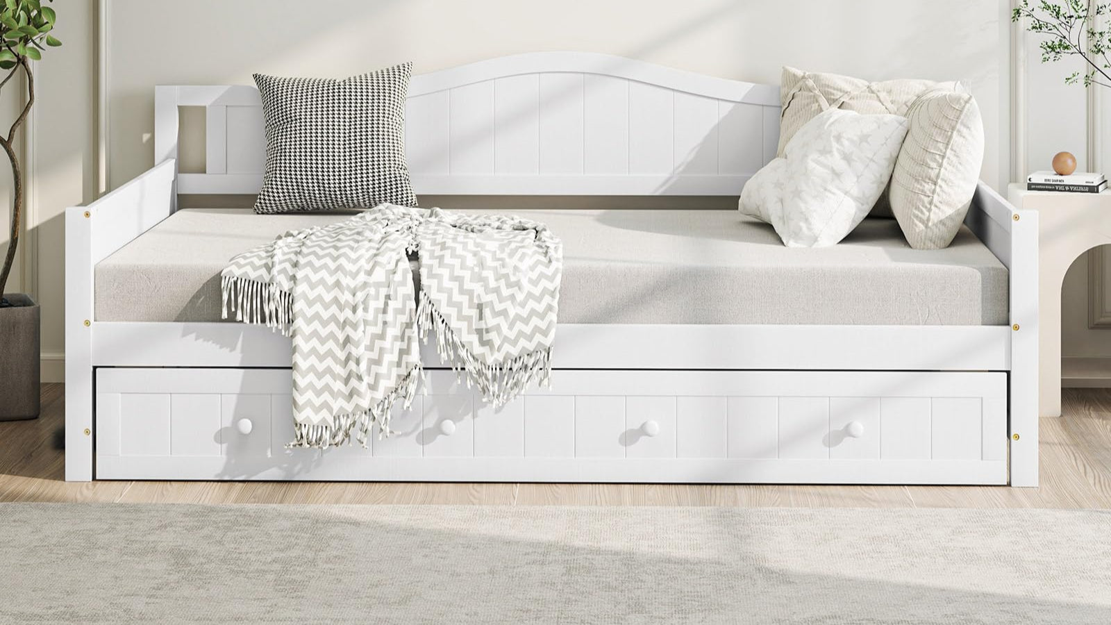 Daybed with Trundle, Solid Wood Day Bed with Slats Support
