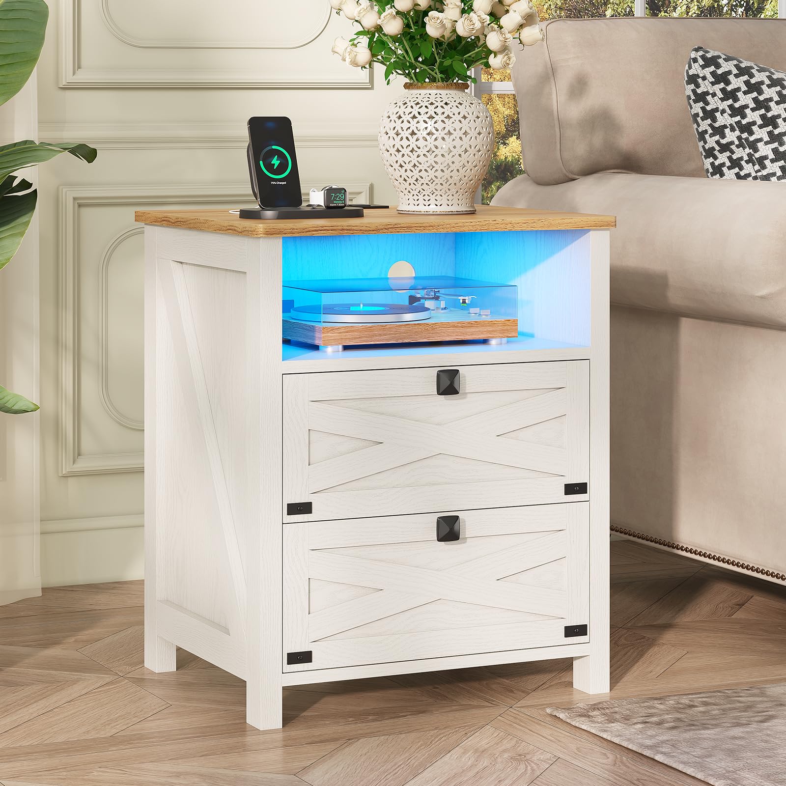 Farmhouse Night Stand for Bedroom, Rustic Vintage White Nightstand
