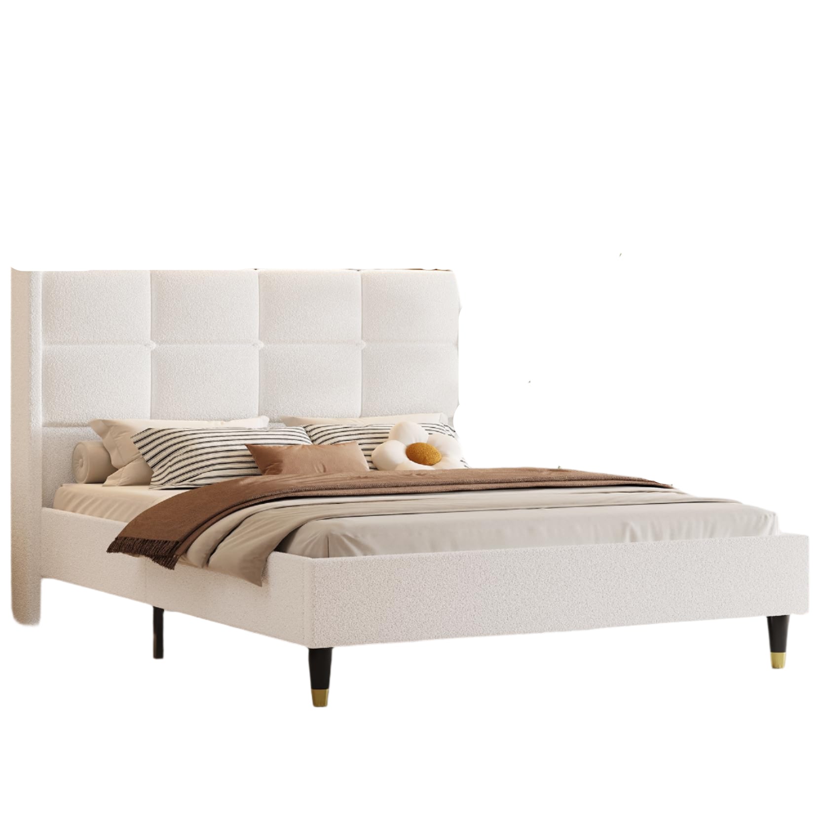 Bed Frame with Headboard, 51" Tall Teddy Fleece Wingback Tufted
