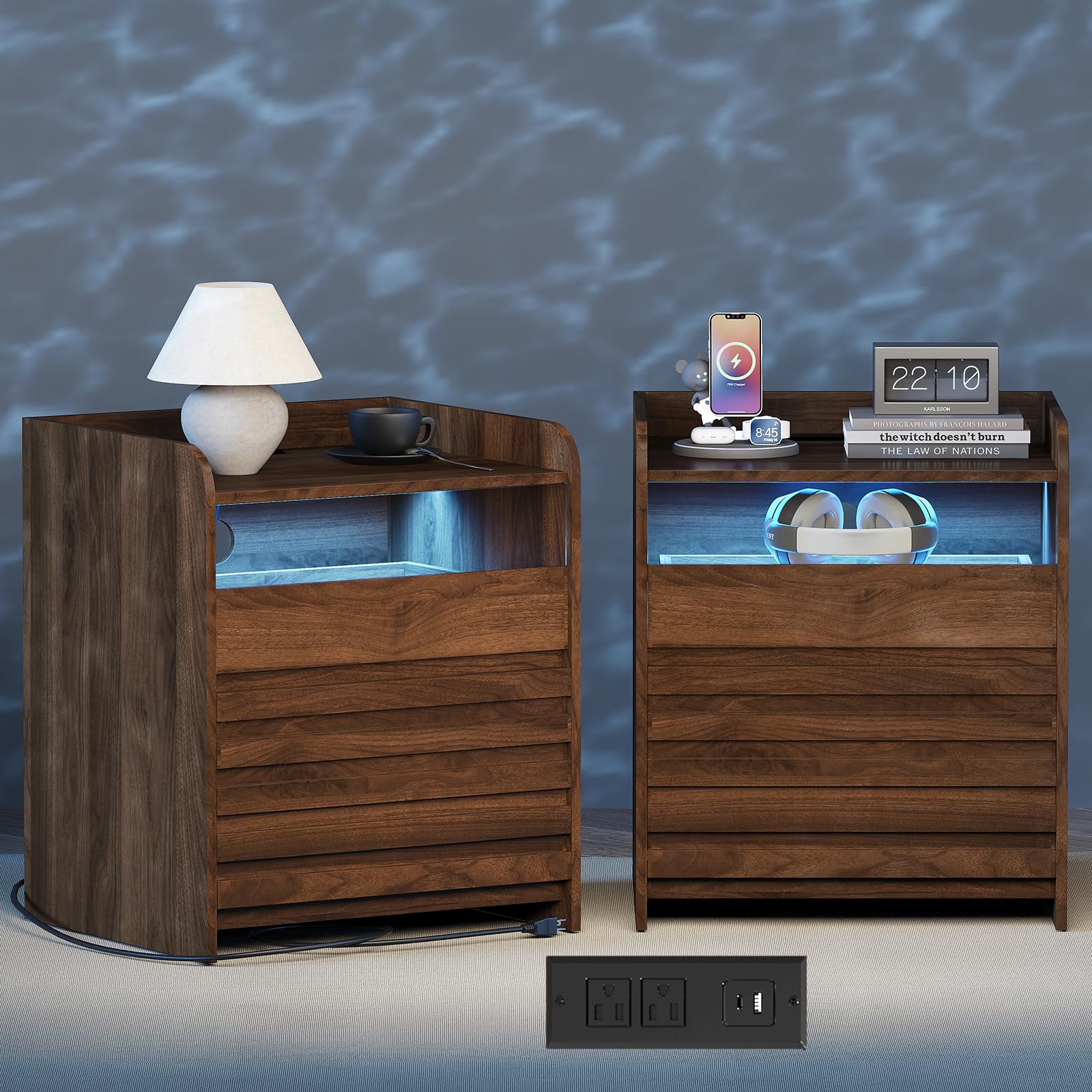 LED Nightstands with Charging Station, Set of 2 Modern Night Stand with 2 Drawers