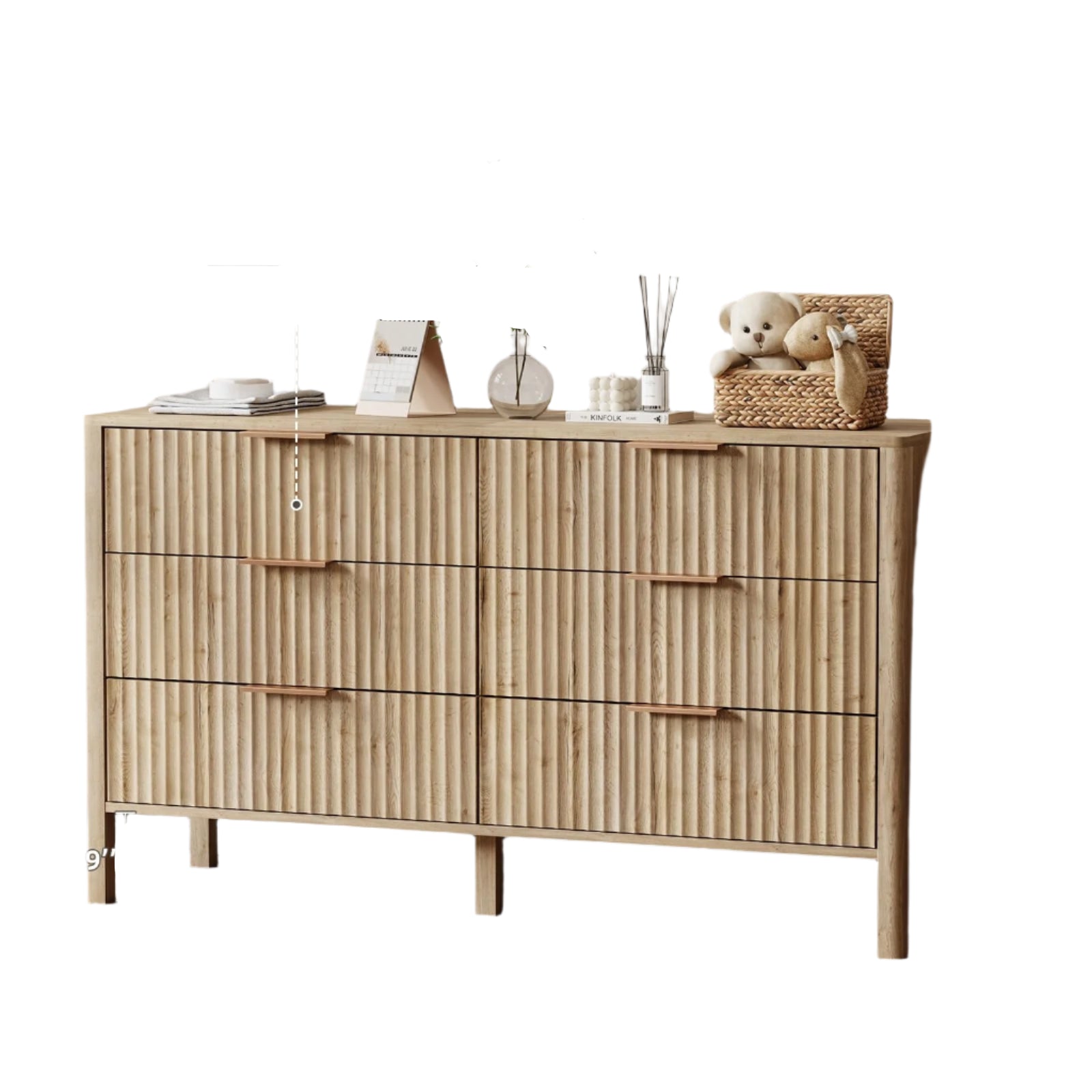 55" Wide Fluted 6 Drawer Dresser for Bedroom, Wooden Dresser Modern Chest