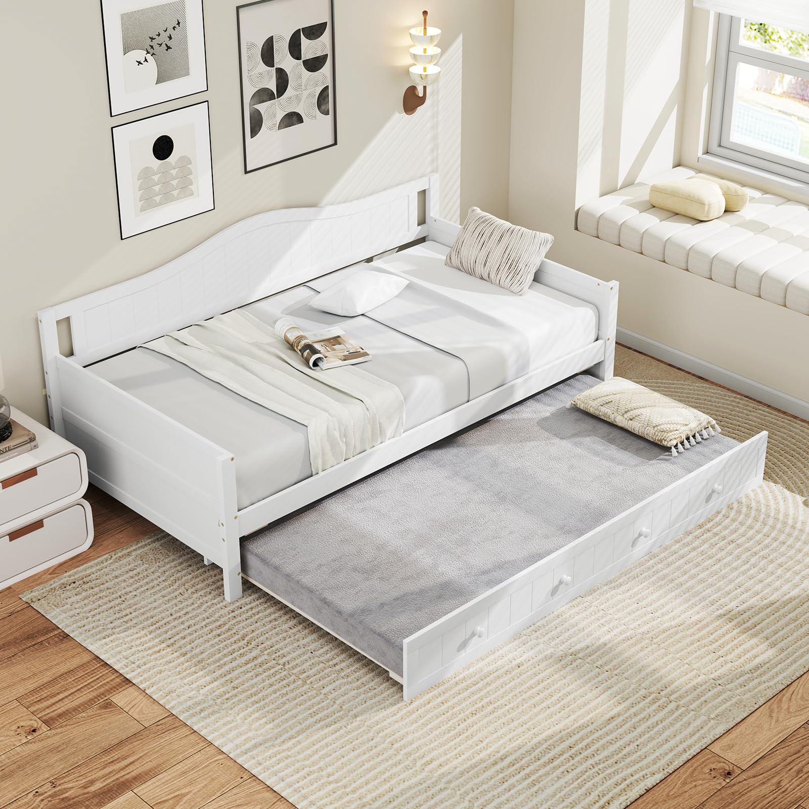 Daybed with Trundle, Solid Wood Day Bed with Slats Support