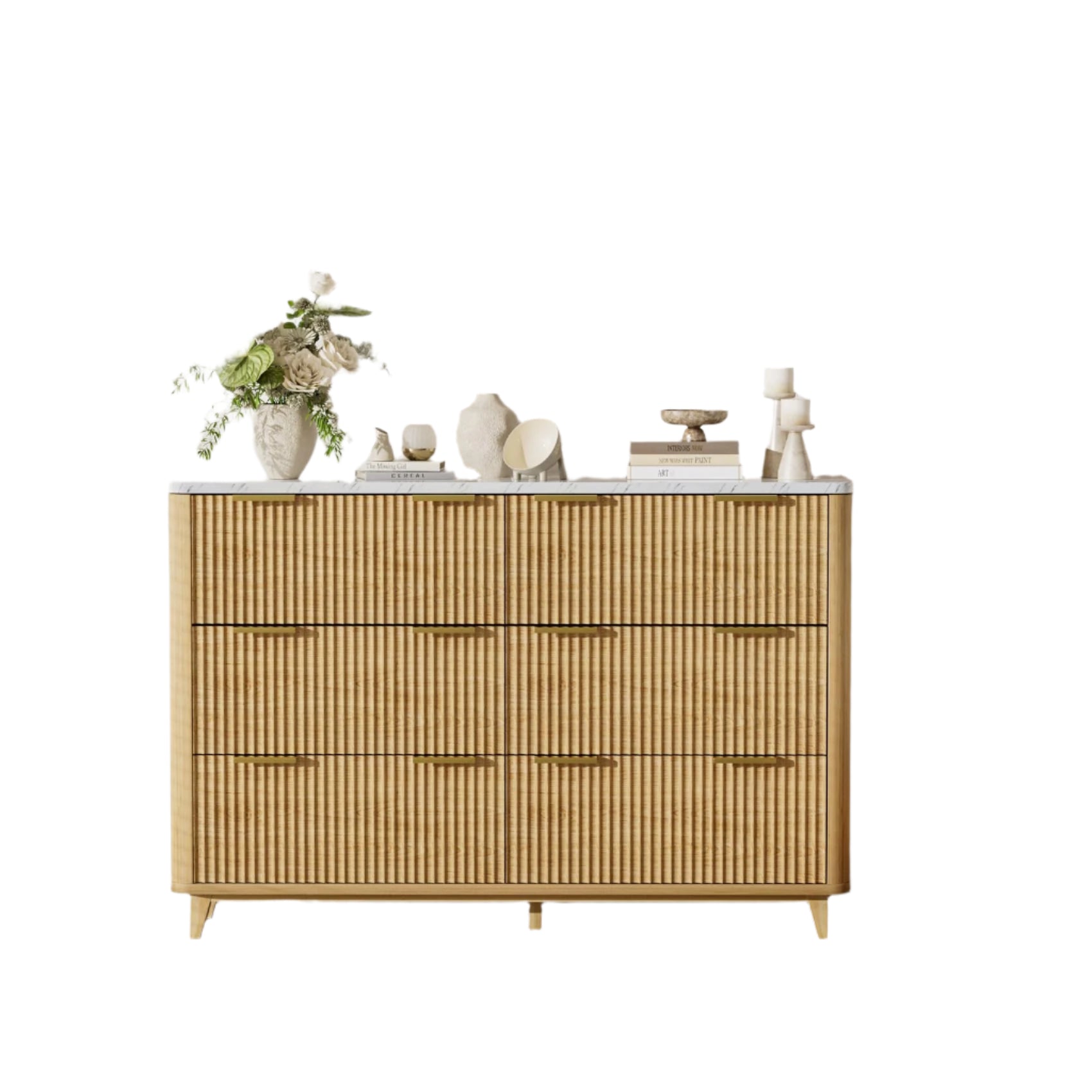 6 Drawer Dresser for Bedroom, 55" Wide Wood Fluted Chest of Drawers
