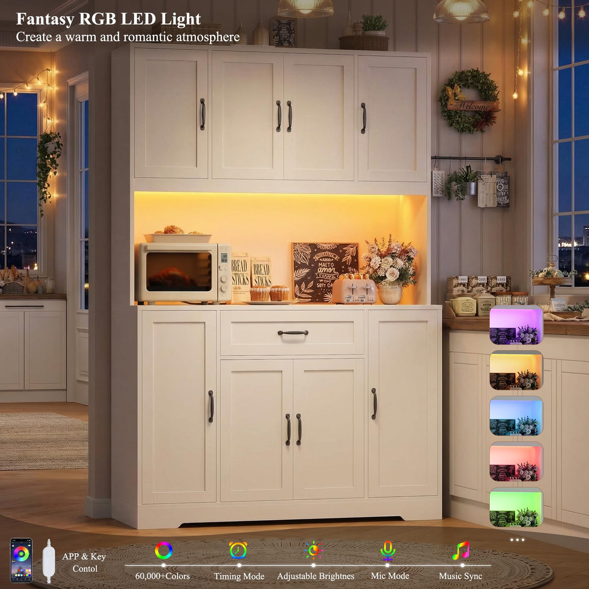 70" Kitchen Pantry Cabinet with LED Lights & Charging Station