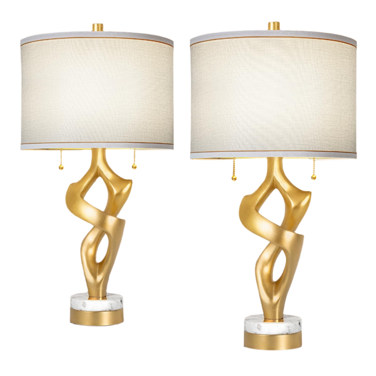 Table lamp Set of 2 for Living Room with Marble Base & USB Ports, Gold Leaf Finish