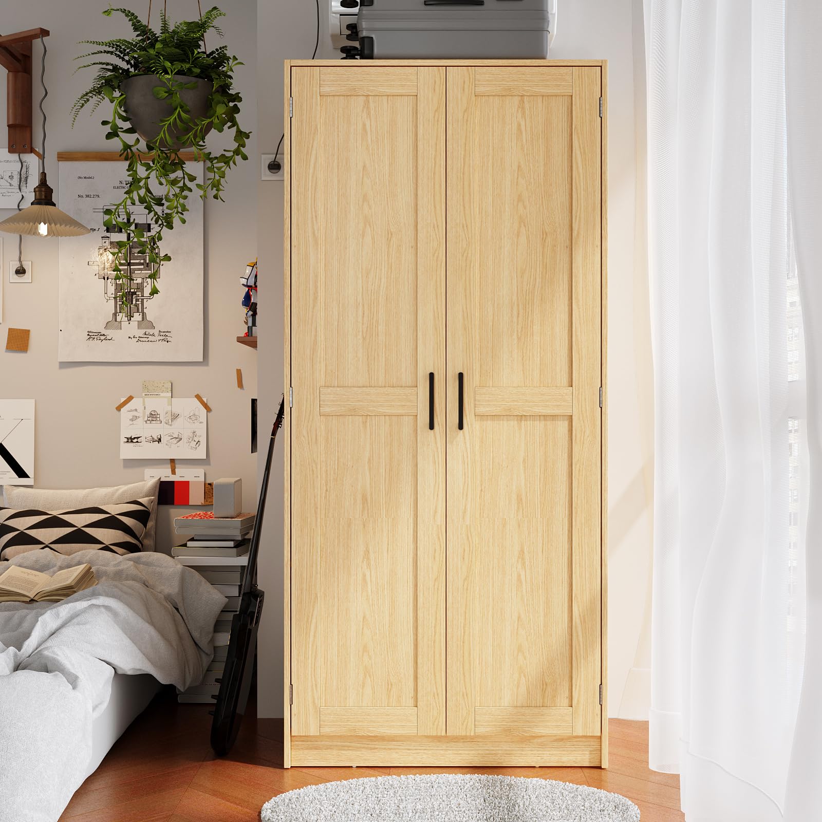 Wood Wardrobe Closet with 2 Doors，Bedroom Freestanding Armoire