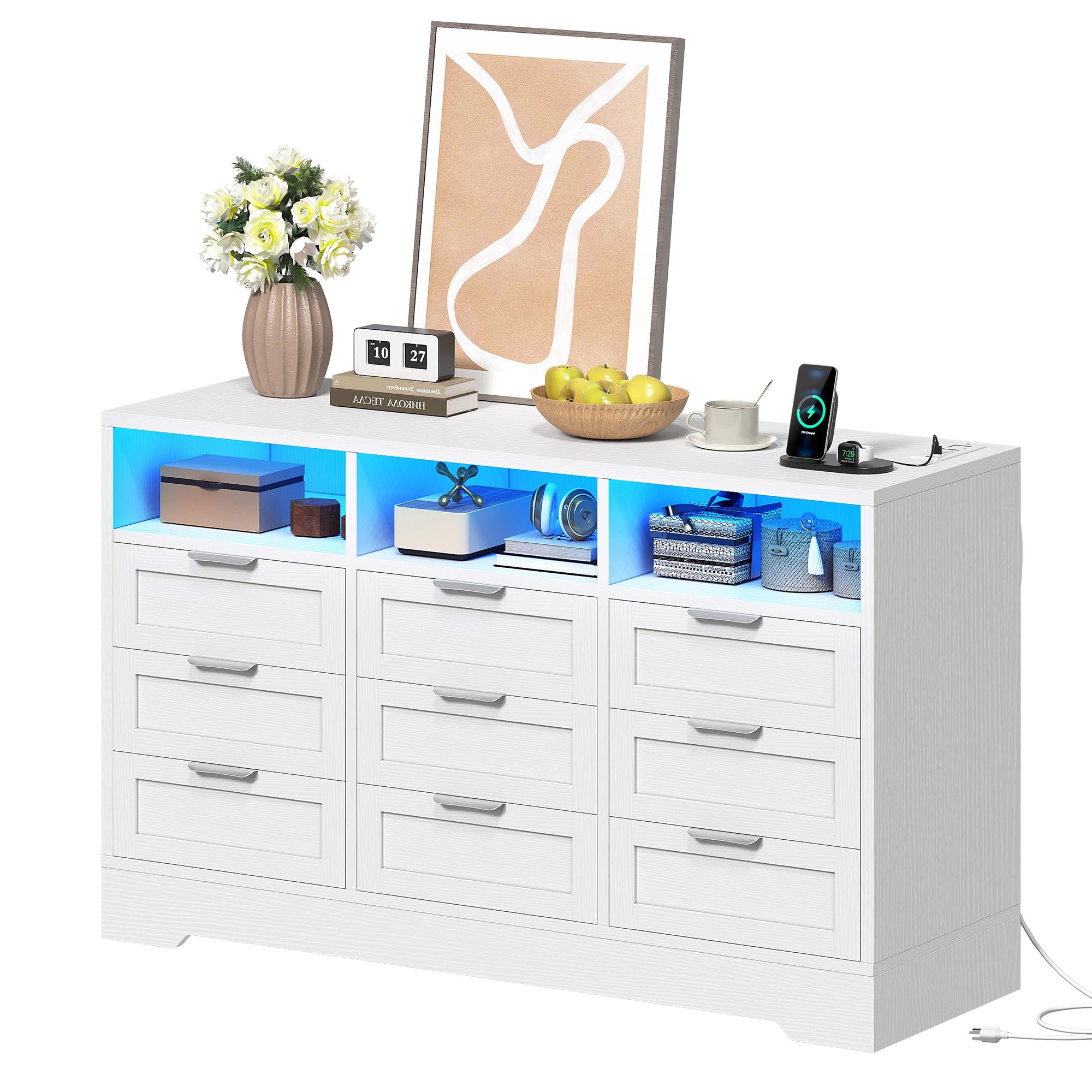 9 Drawer Double Dresser with LED Ligh, Modern Chests of Drawers with Power Outlet