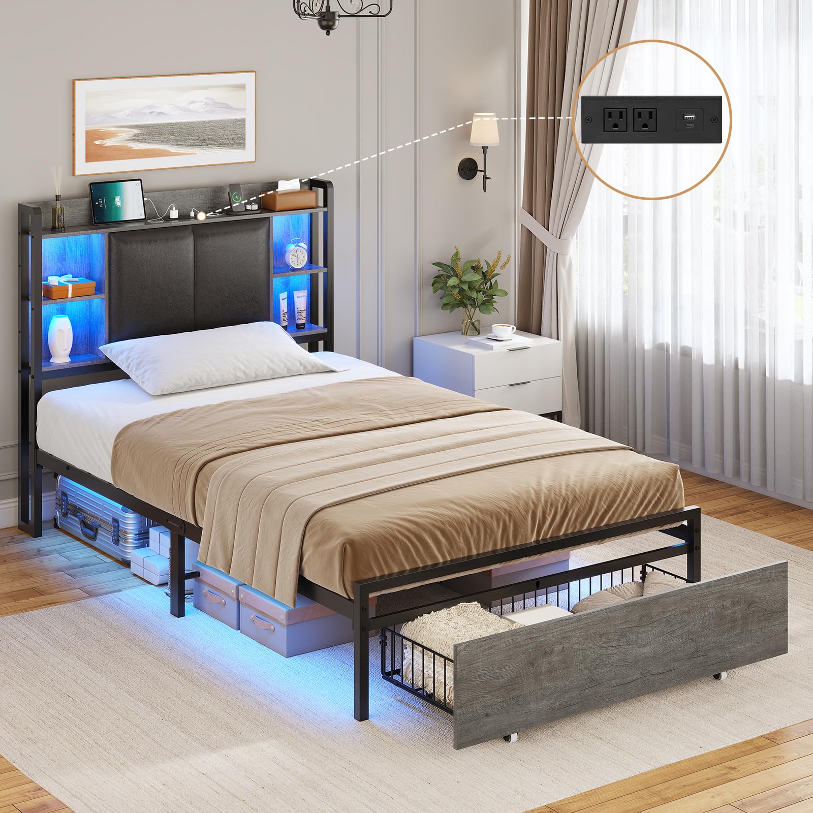 Twin Bed Frames with Storage Drawers and Headboard, Twin Bed Frame