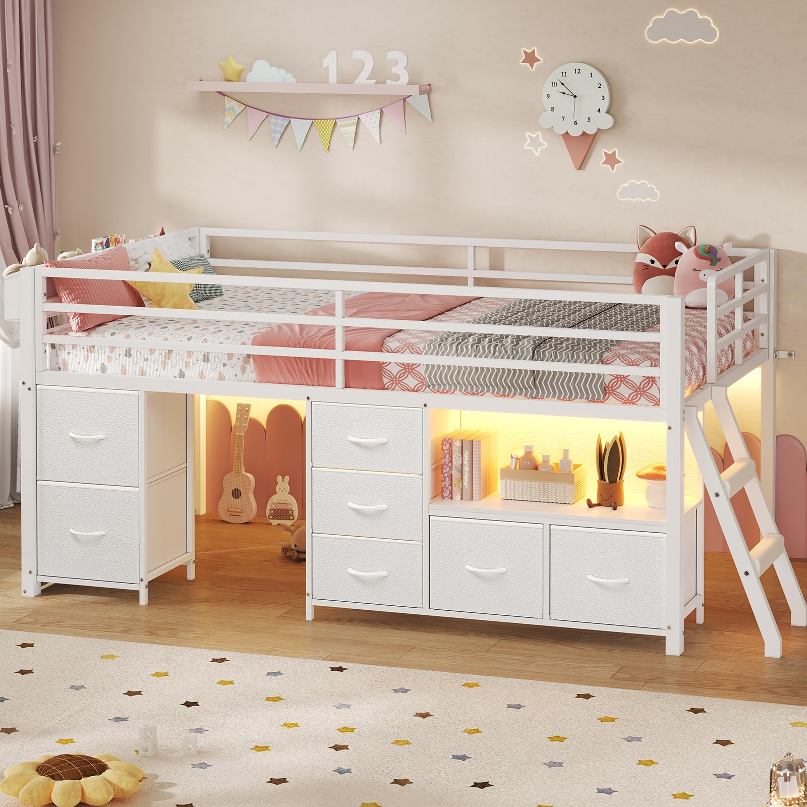 Low Loft Bed Twin Size with 7 Storage Drawers, Bookcase and LED Lights