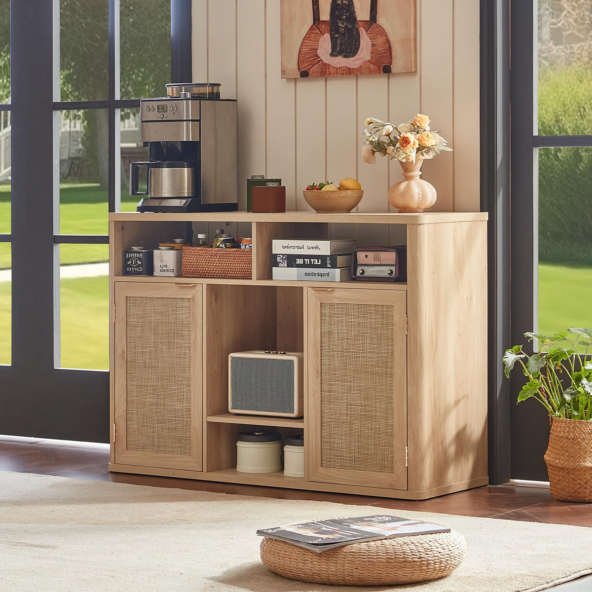 Lerliuo Rattan Wine Bar Cabinet with 2 Doors, Natural Wood