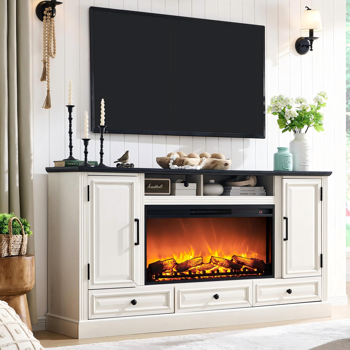 Farmhouse Fireplace TV Stand – 70" Top, Fits TVs up to 80"