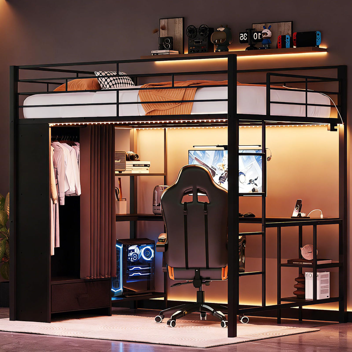Loft Bed with Desk, Wardrobe & RGB LED Lighting