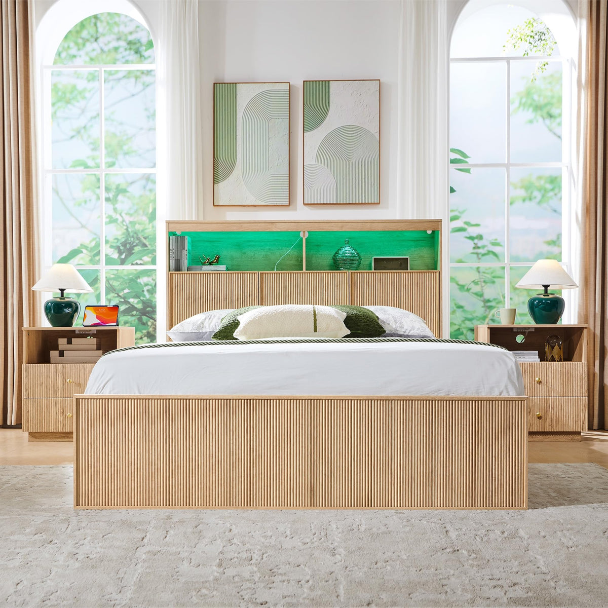 Fluted Platform Bed Frame with Storage Headboard & LED Lights