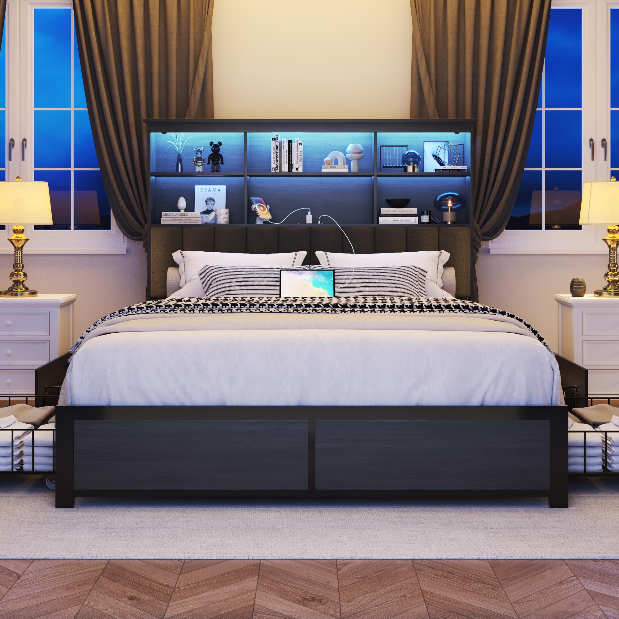 Queen Bed Frame with Headboard, Queen Bed Frame with High Storage Bookcase