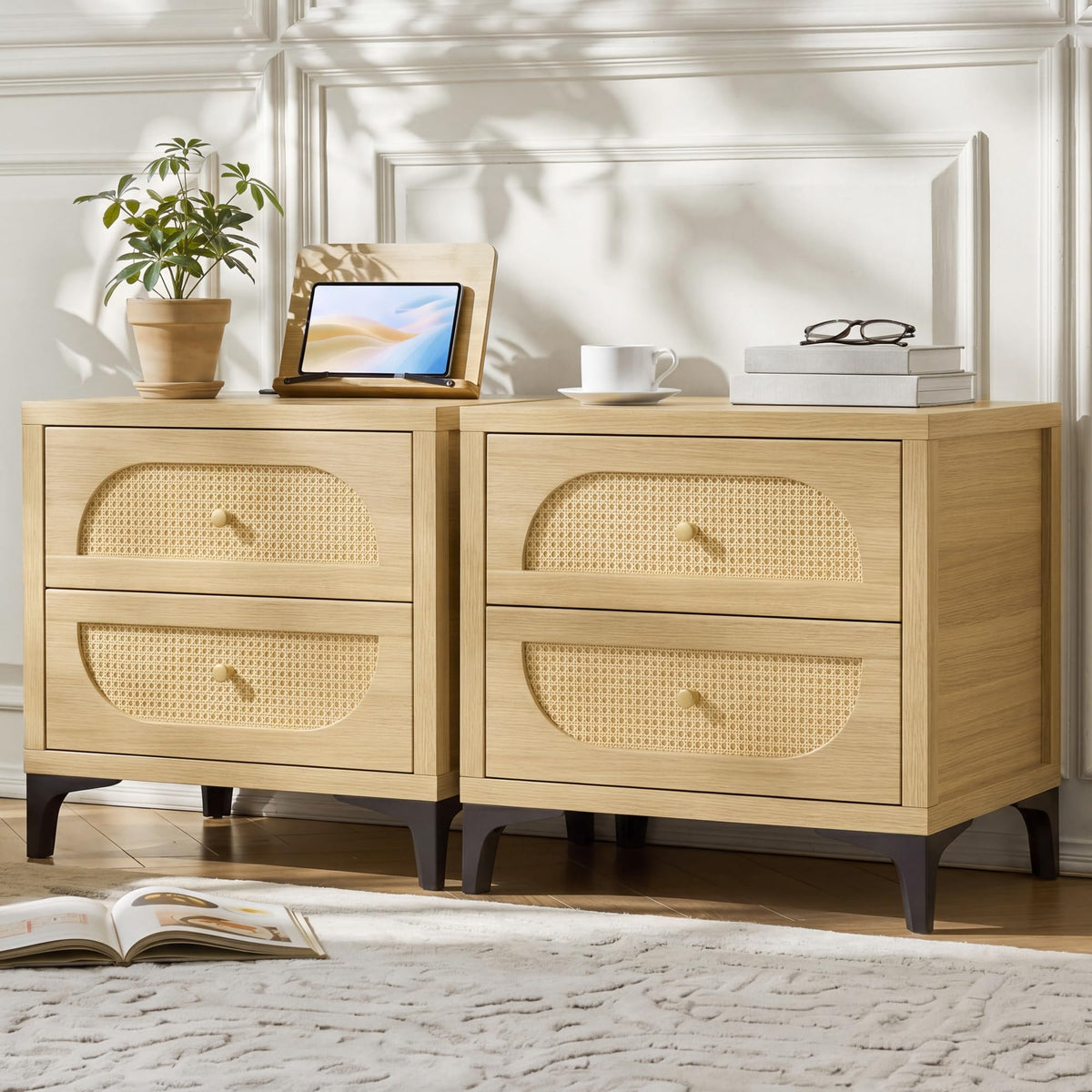 Rattan Nightstand with Drawers & USB Charging