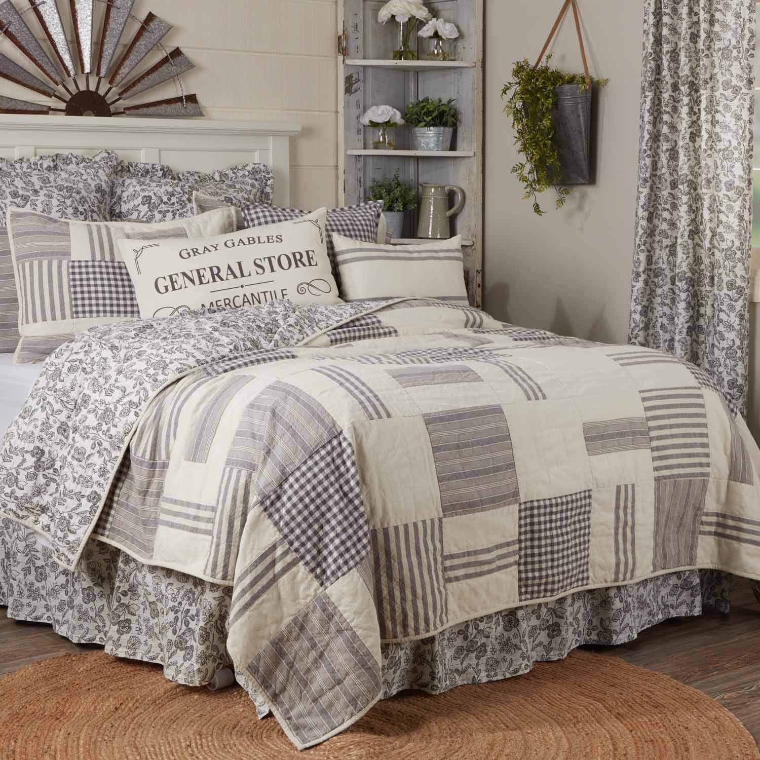 Gray Gables King Floral Bed Skirt w/ 16" Drop, Gray and Soft White Printed Dust Ruffle