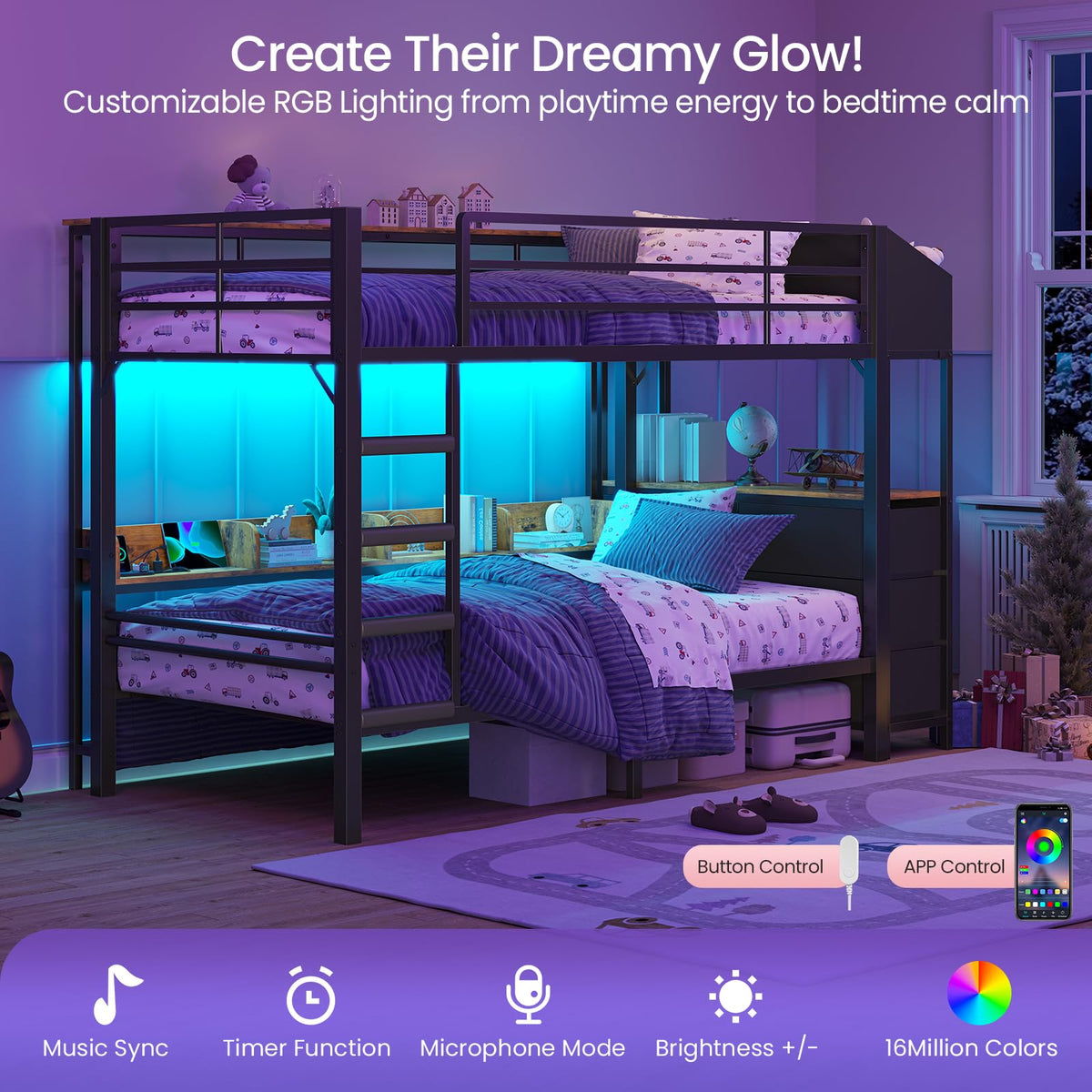 Twin Over Twin Bunk Bed with Storage, LED Lights & Charging Station
