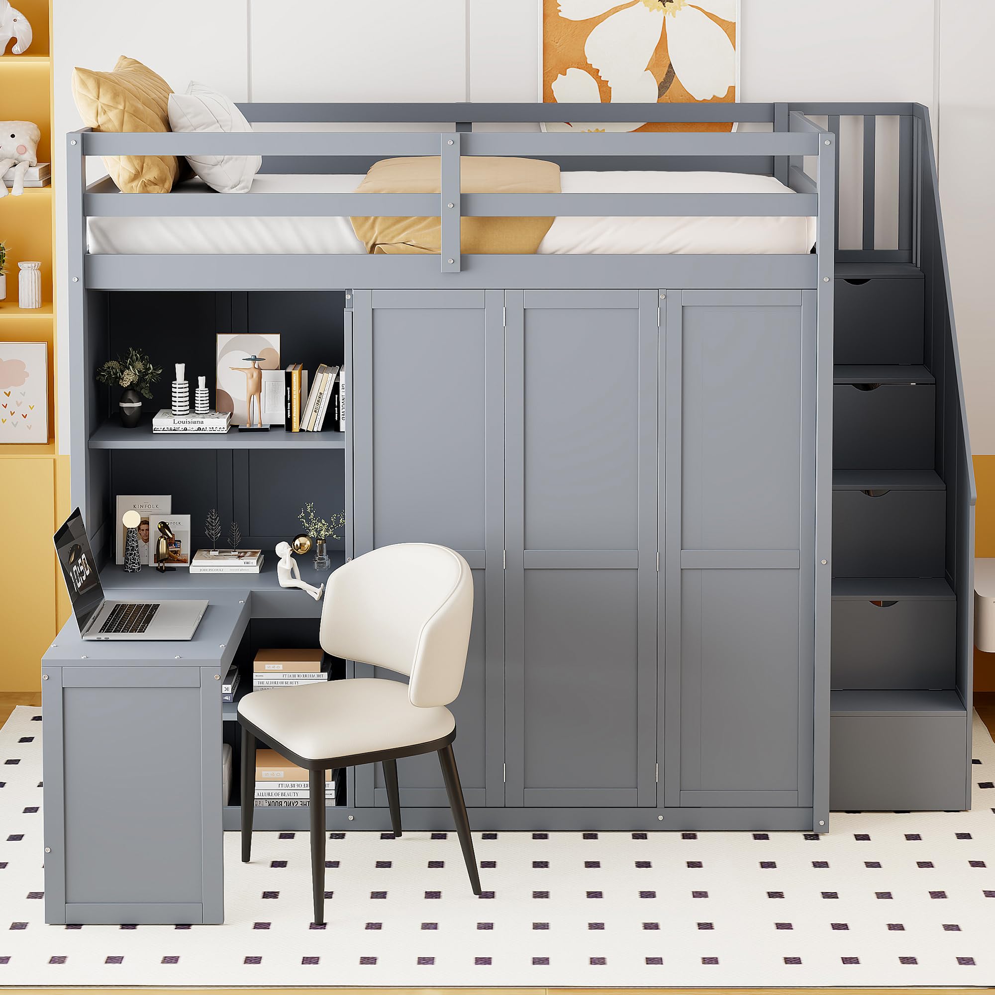 Size Loft Bed with Wardrobe and 3 Foldable Shelves