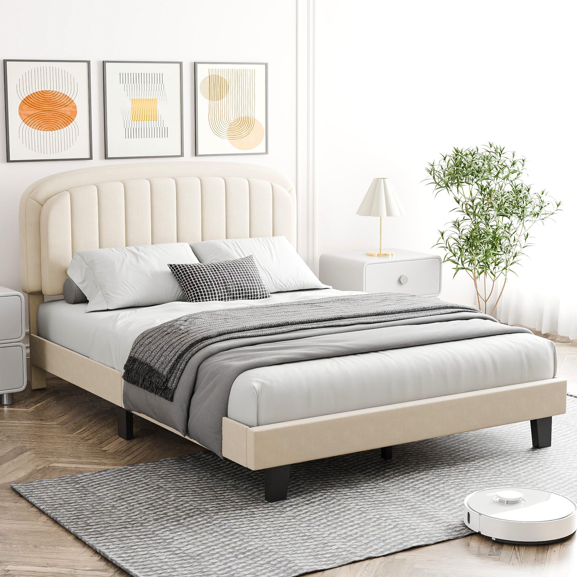 Queen Bed Frame, Upholstered Platform Bed with Velvet Adjustable Curved Headboard