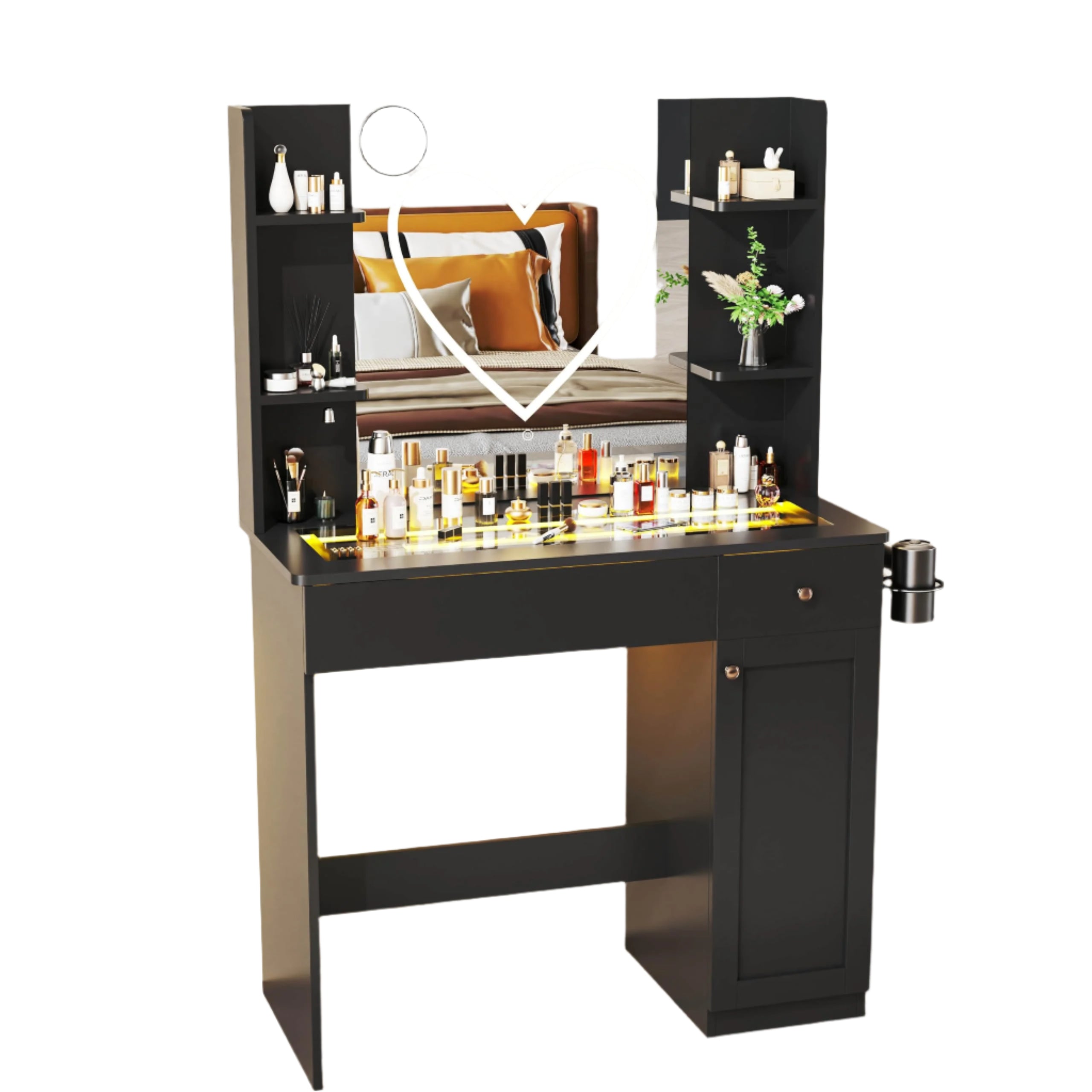 Vanity Black Desk with Mirror and Lights Heart Strip, RGB Led, Glass Top