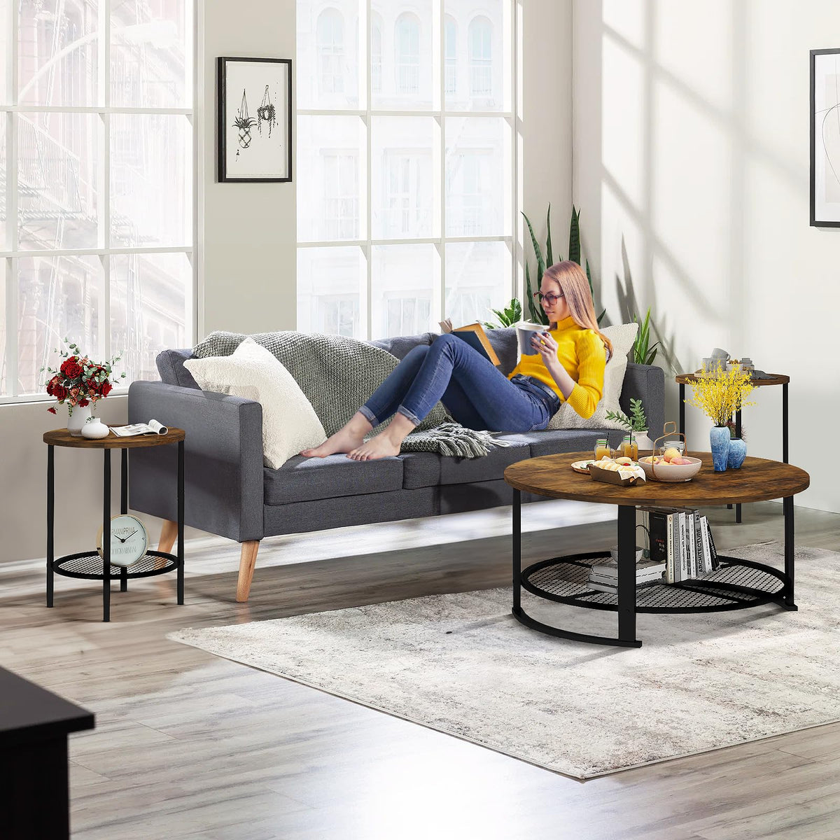 3-Piece Coffee Table & End Table Set, Industrial Vintage