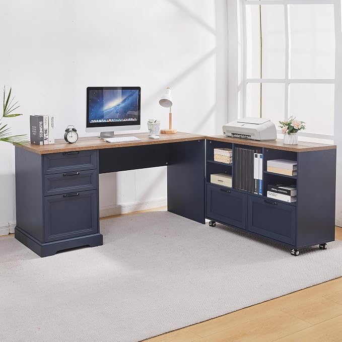 L-Shaped Executive Desk with File Cabinet & Charging Station