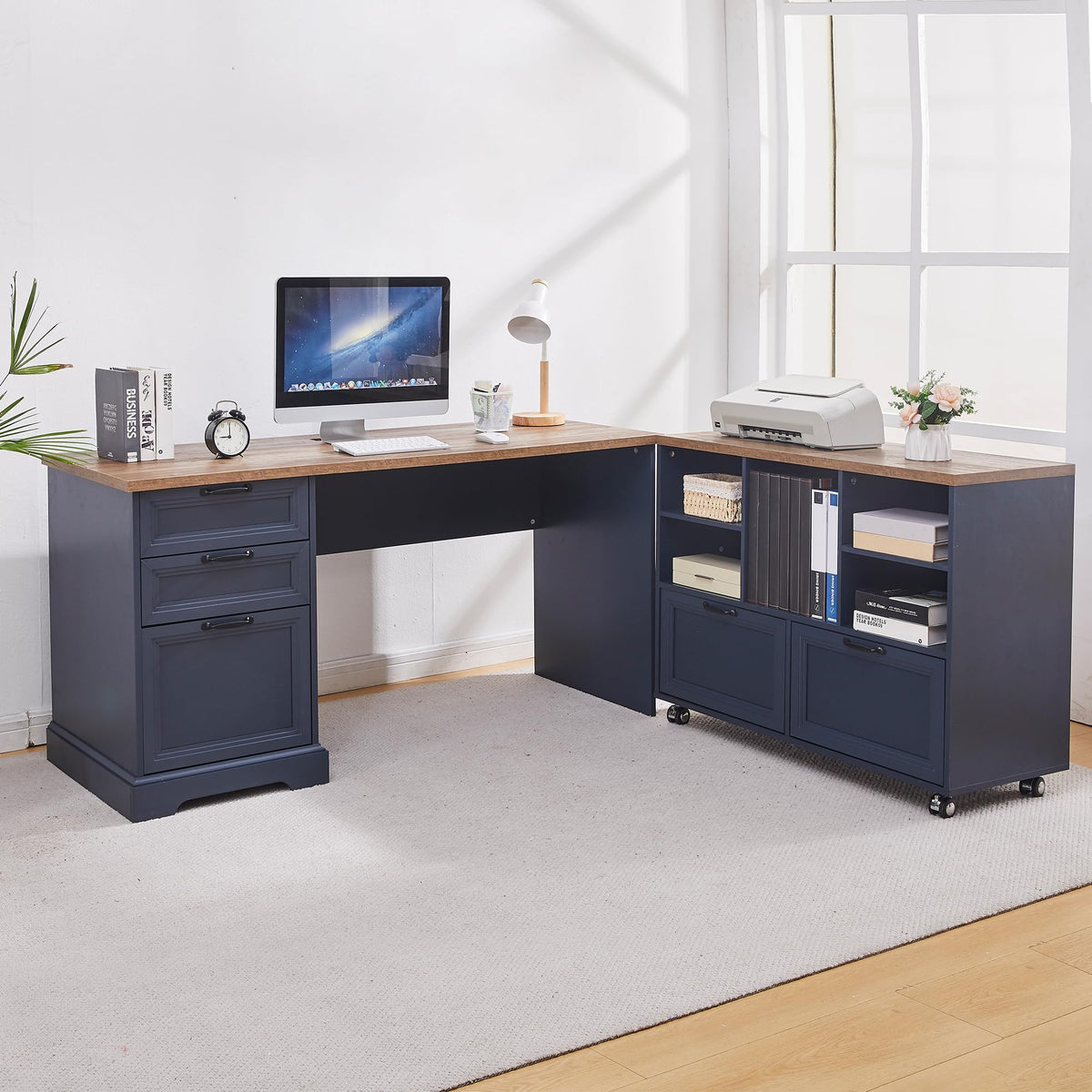L-Shaped Executive Desk with File Cabinet & Charging Station