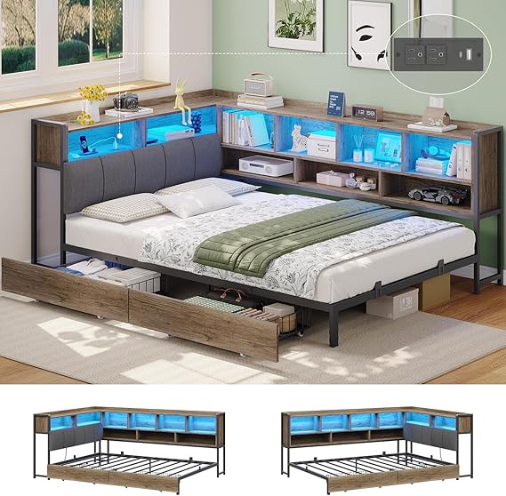 Bed Frame with Bookcase Storage,Twin Size Bed Frames with Storage