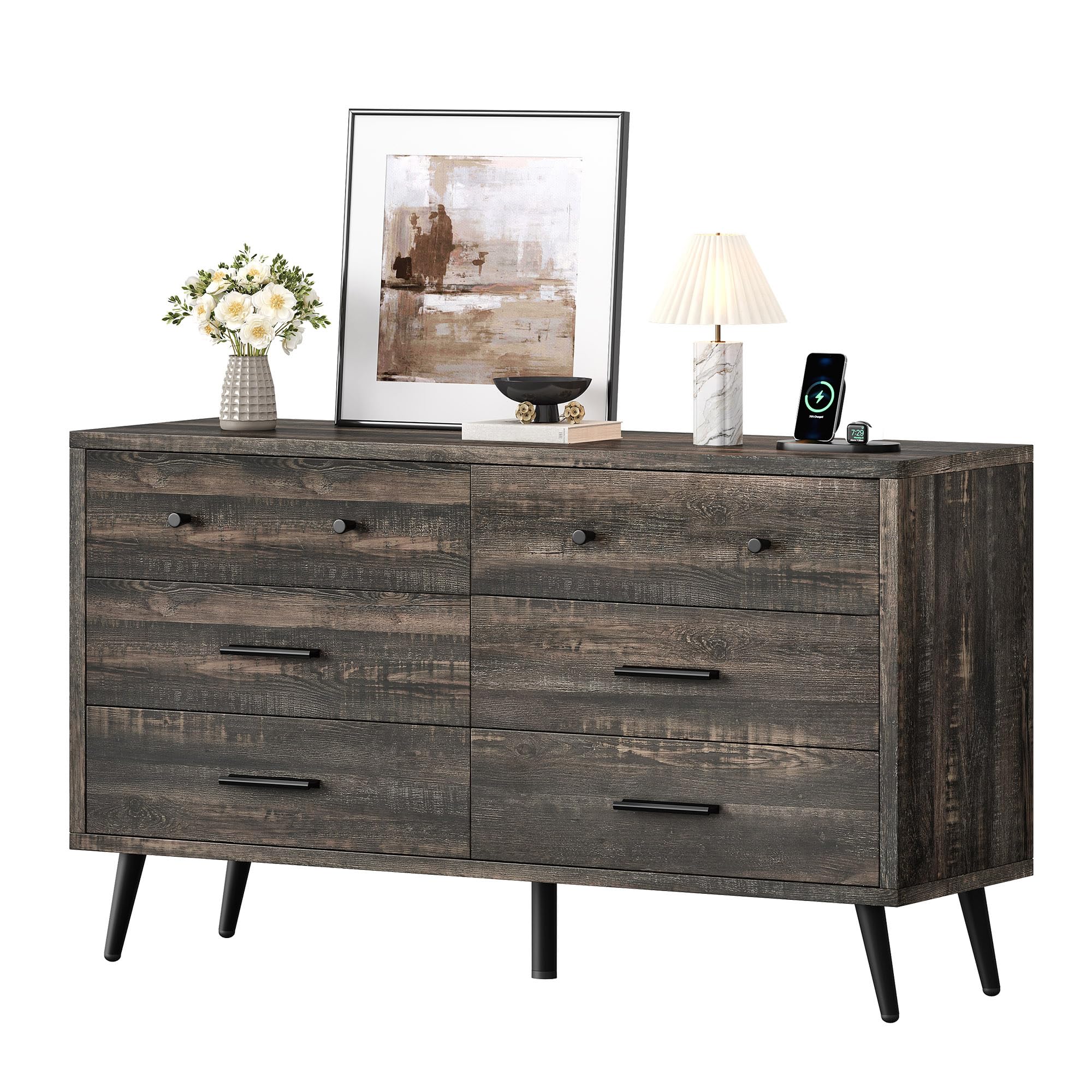 6-Drawer Dresser, Wood Storage Cabinet with Black Metal Handles & Anti-Tip Design
