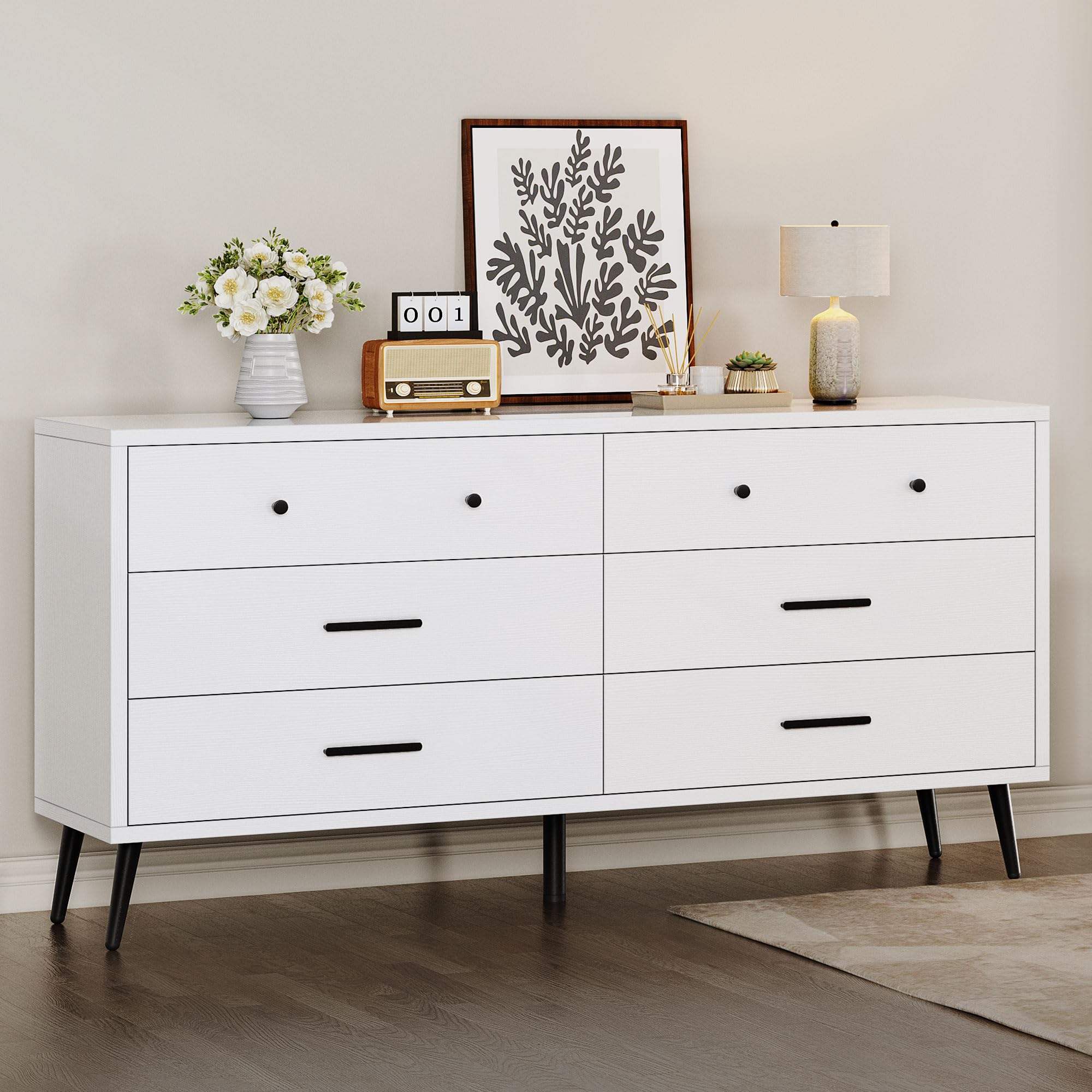 White 6 Drawers Dresser/Modern Wood Dresser Chest of Drawers