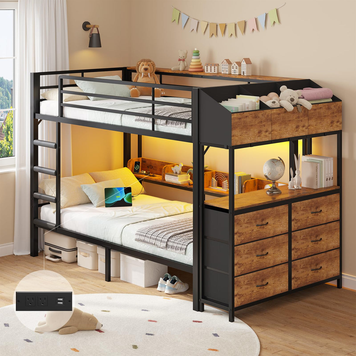 Twin Over Twin Bunk Bed with Storage, LED Lights & Charging Station