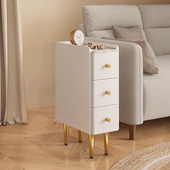 Narrow Nightstand 11.8" with 3 Drawer Wood Bedside Table Small White and Gold Night