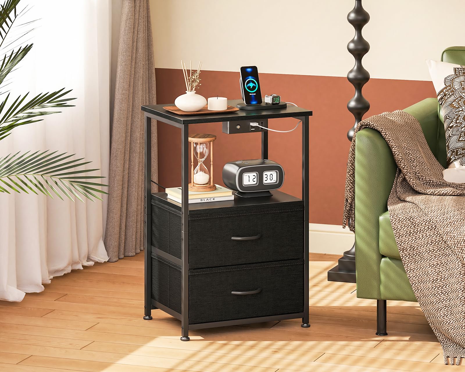 Nightstand Set of 2 with Charger Station — USB Ports & Outlet, Bed SideTable
