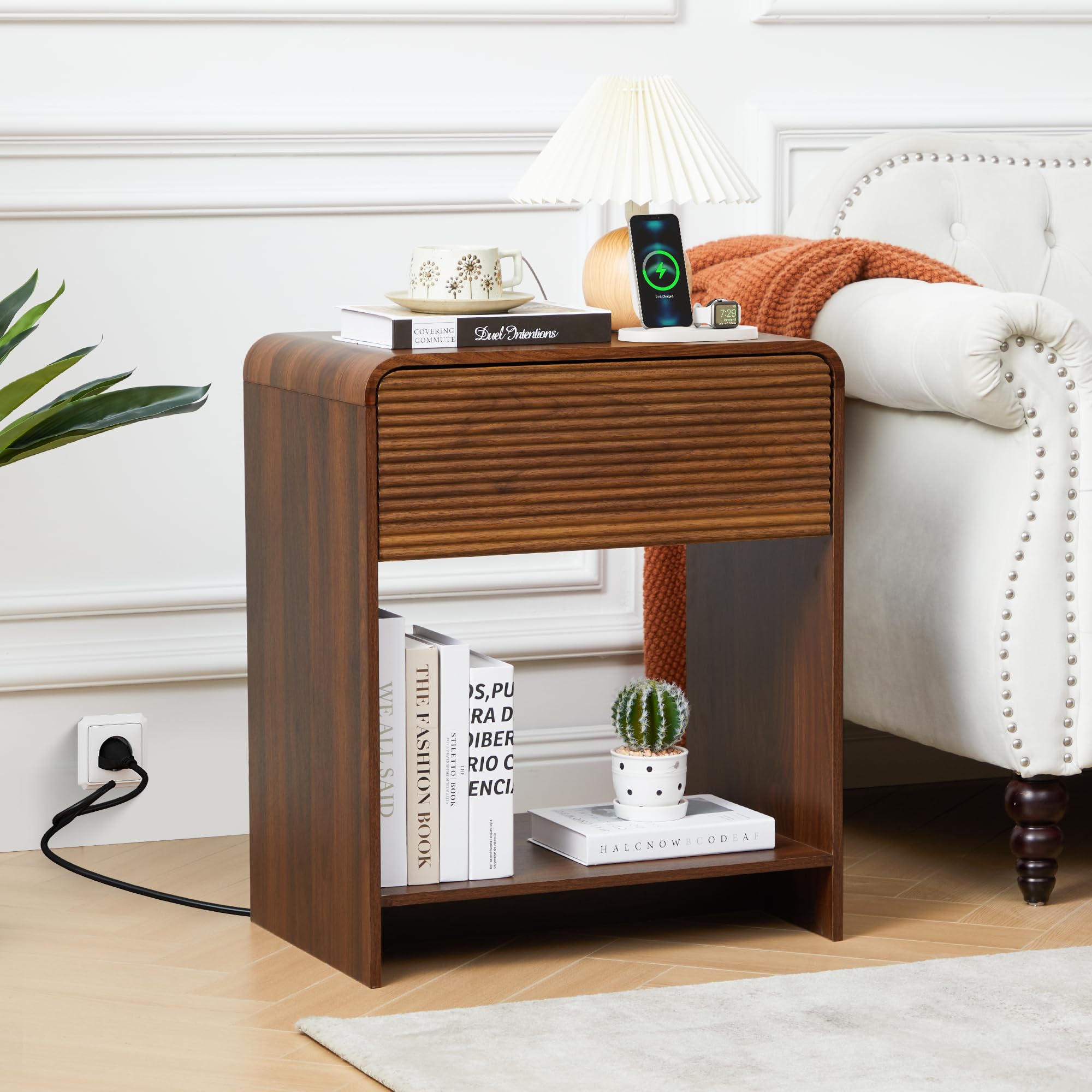Fluted Nightstand with Charging Station, Mid Century Modern Bed Side Table End Table
