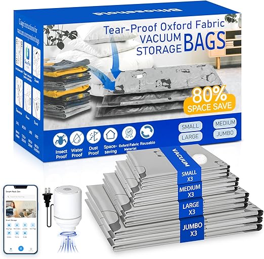 8 Pack Tear-Proof Jumbo Vacuum Storage Bags with Pump, Oxford Fabric Reusable