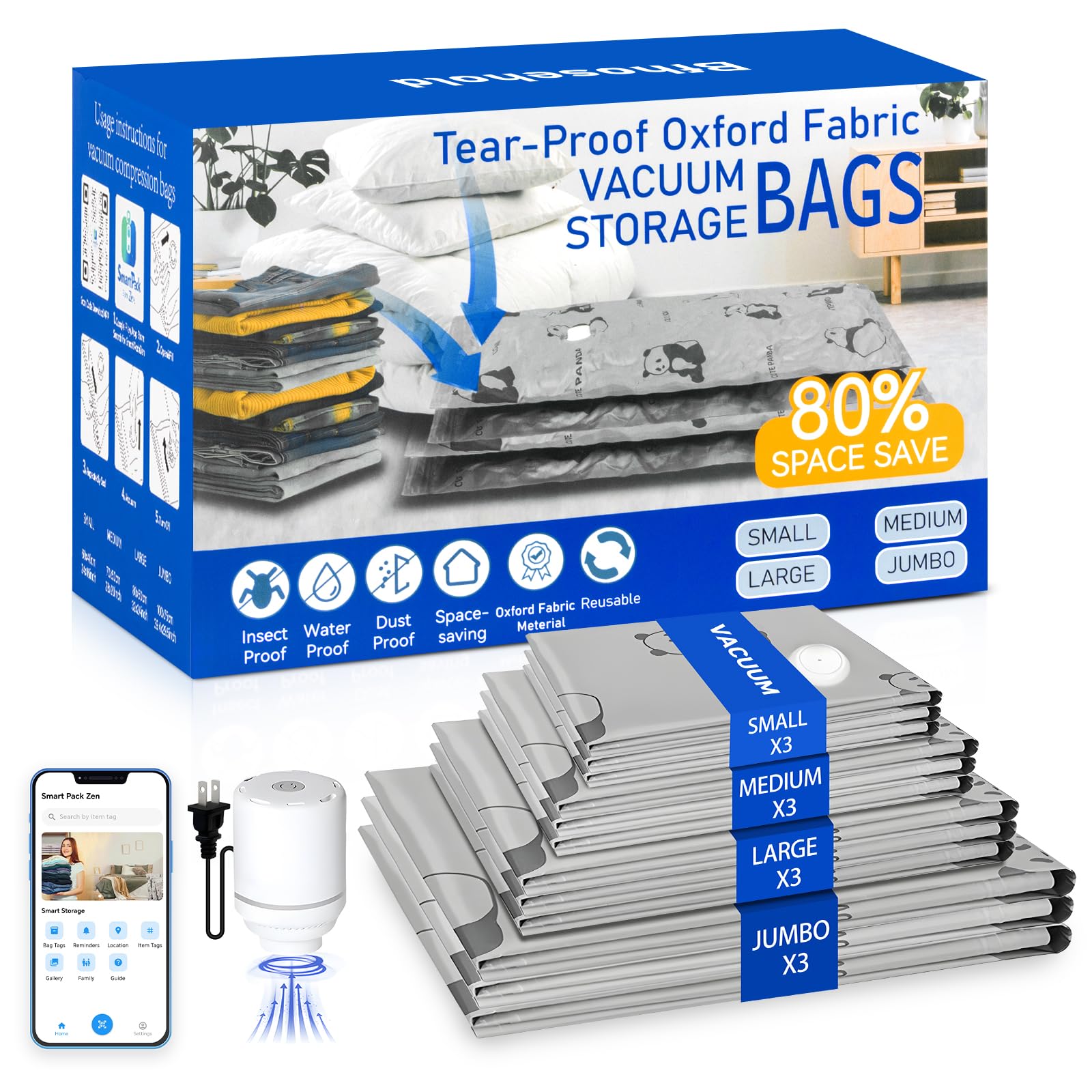 12 Pack Tear-Proof Space Saver Vacuum Storage Bags with Pump