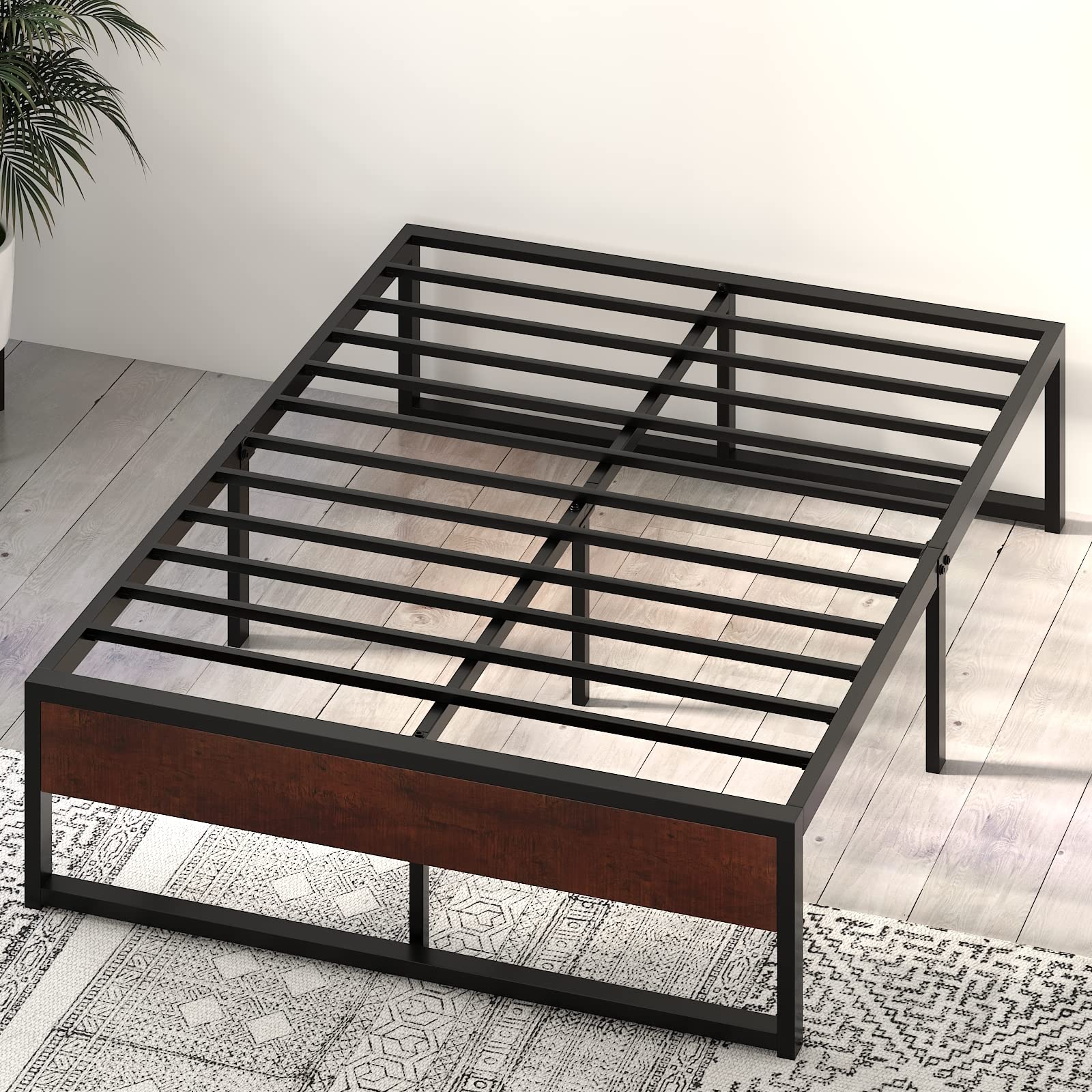 14'' Queen Size Metal Platform Bed Frame with Rustic Wood & Reverse Holes