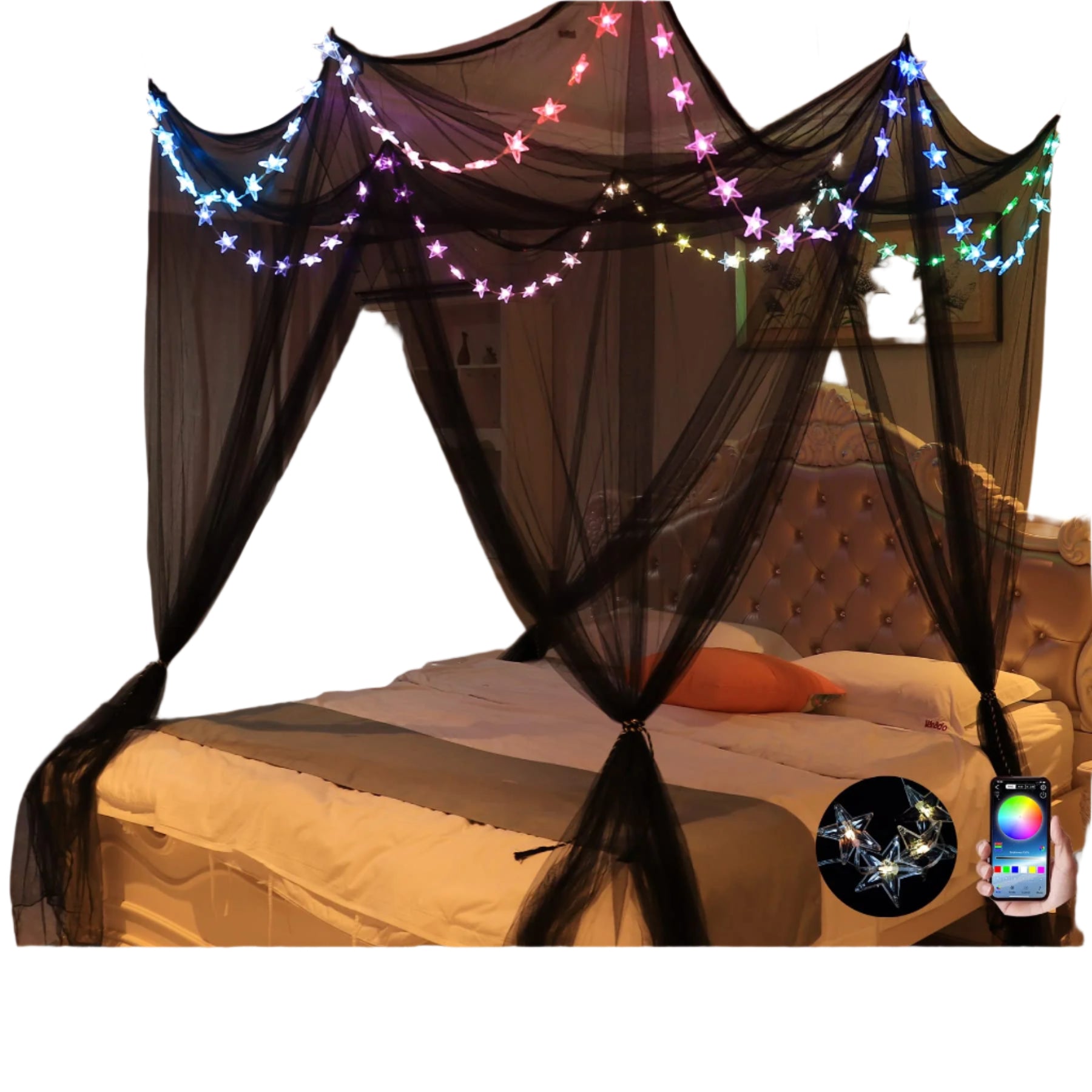 Bed Canopy with LED Star Lights, Canopy Bed Curtain with RGB Color Changing String
